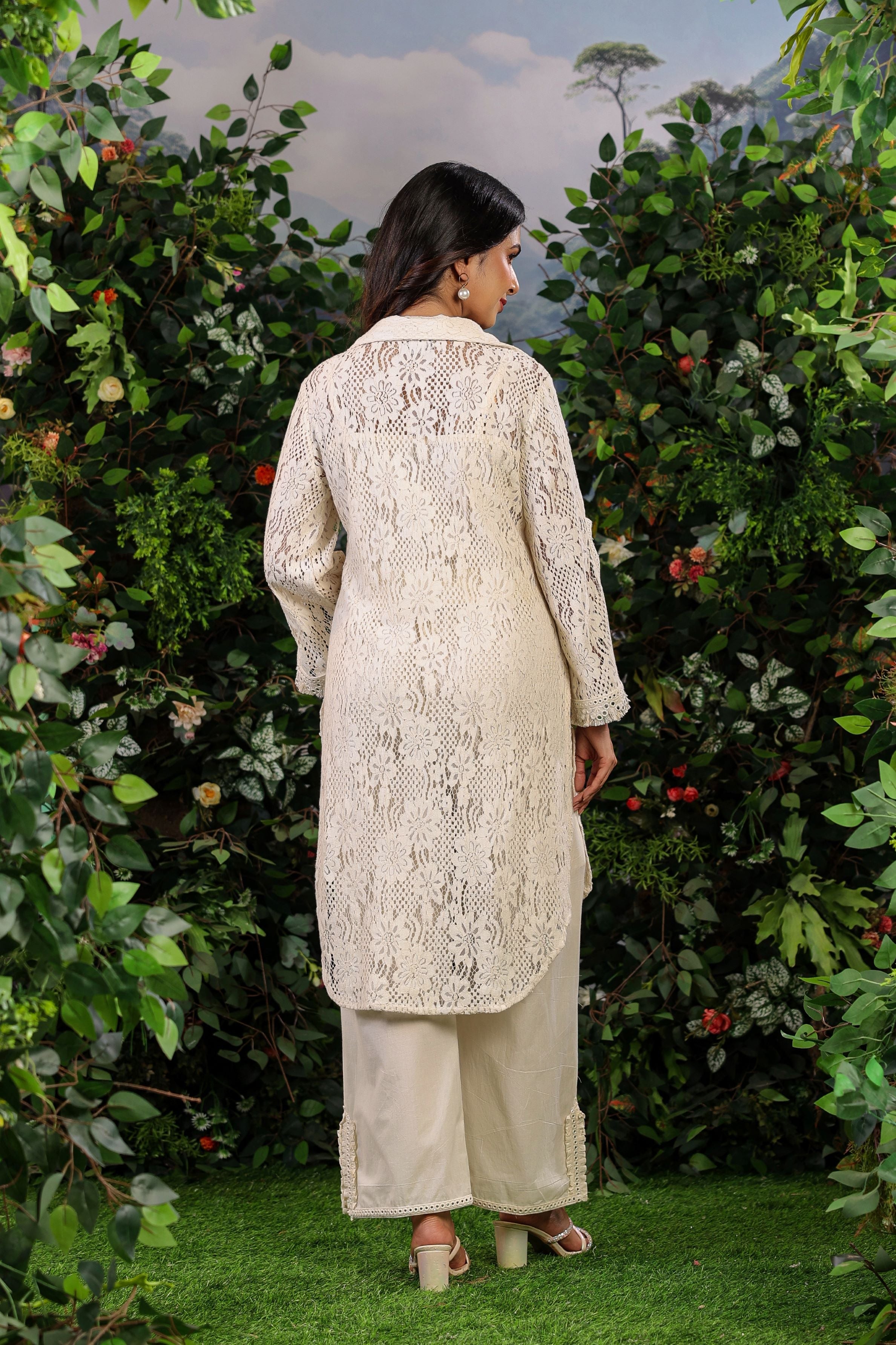 Pastel Cream Embroidered Belgium Net Kurta Set