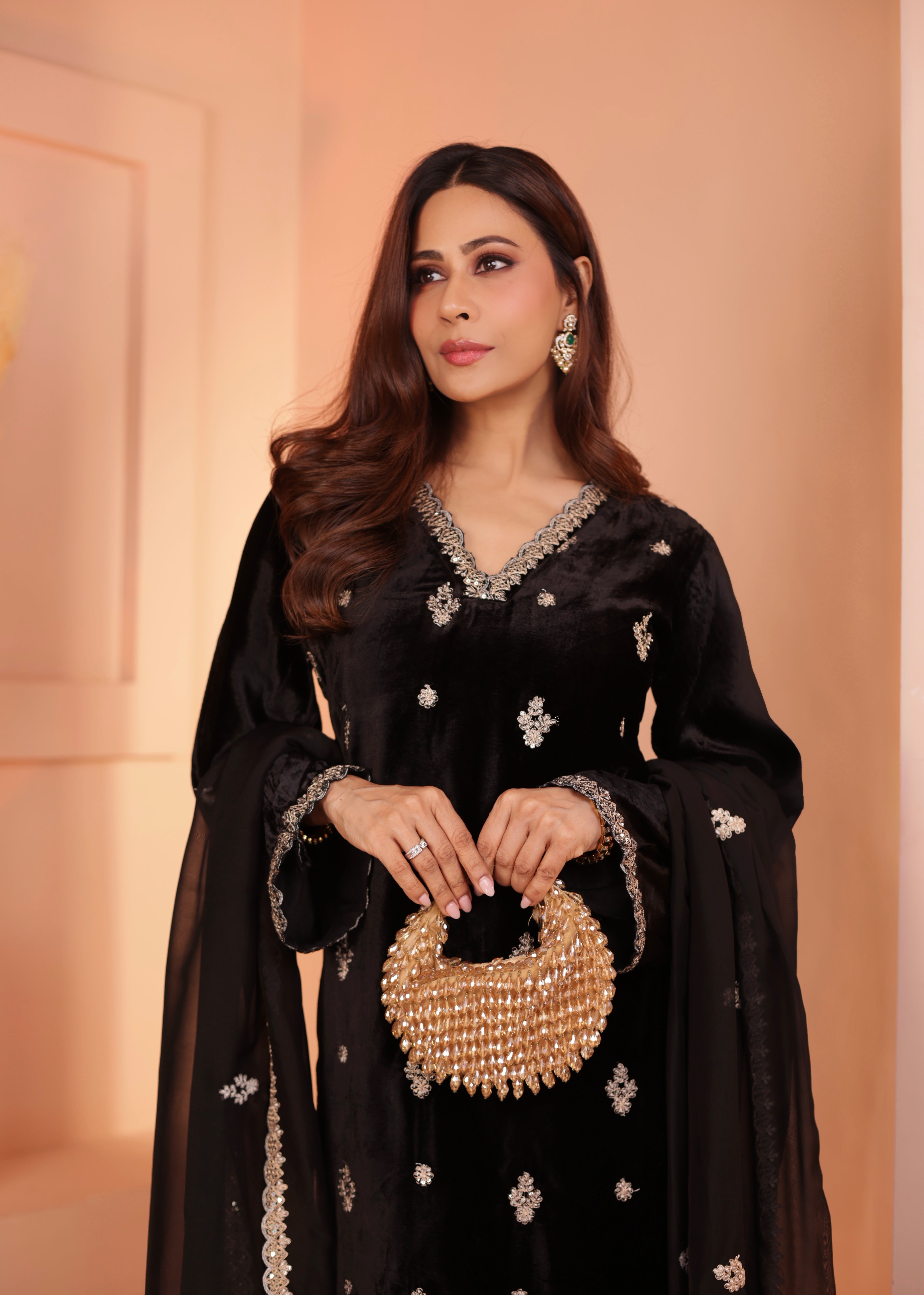 Classic Black Embellished Premium Velvet Pant Set