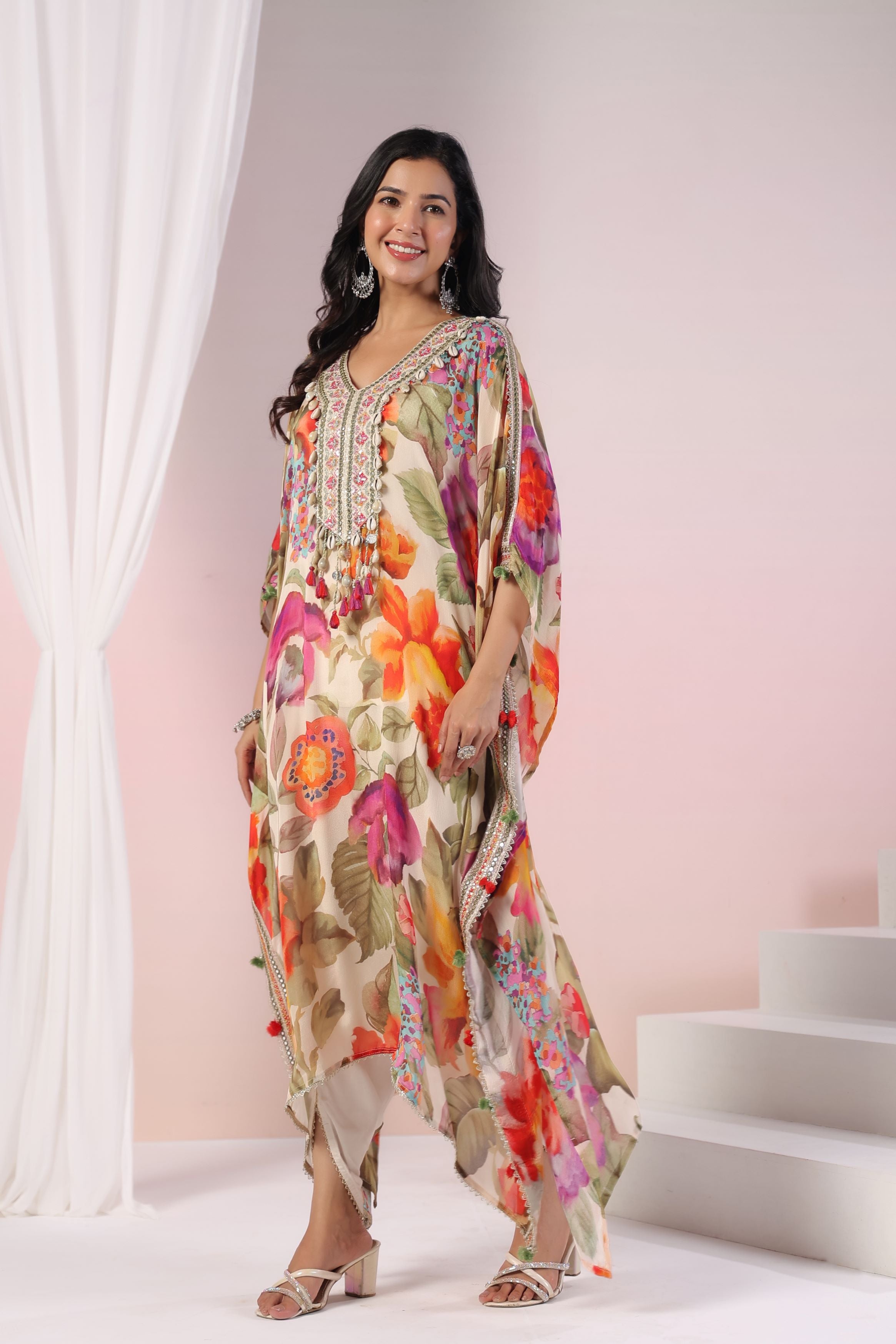 Pastel Cream Floral Printed Chinon Silk Kaftan Set