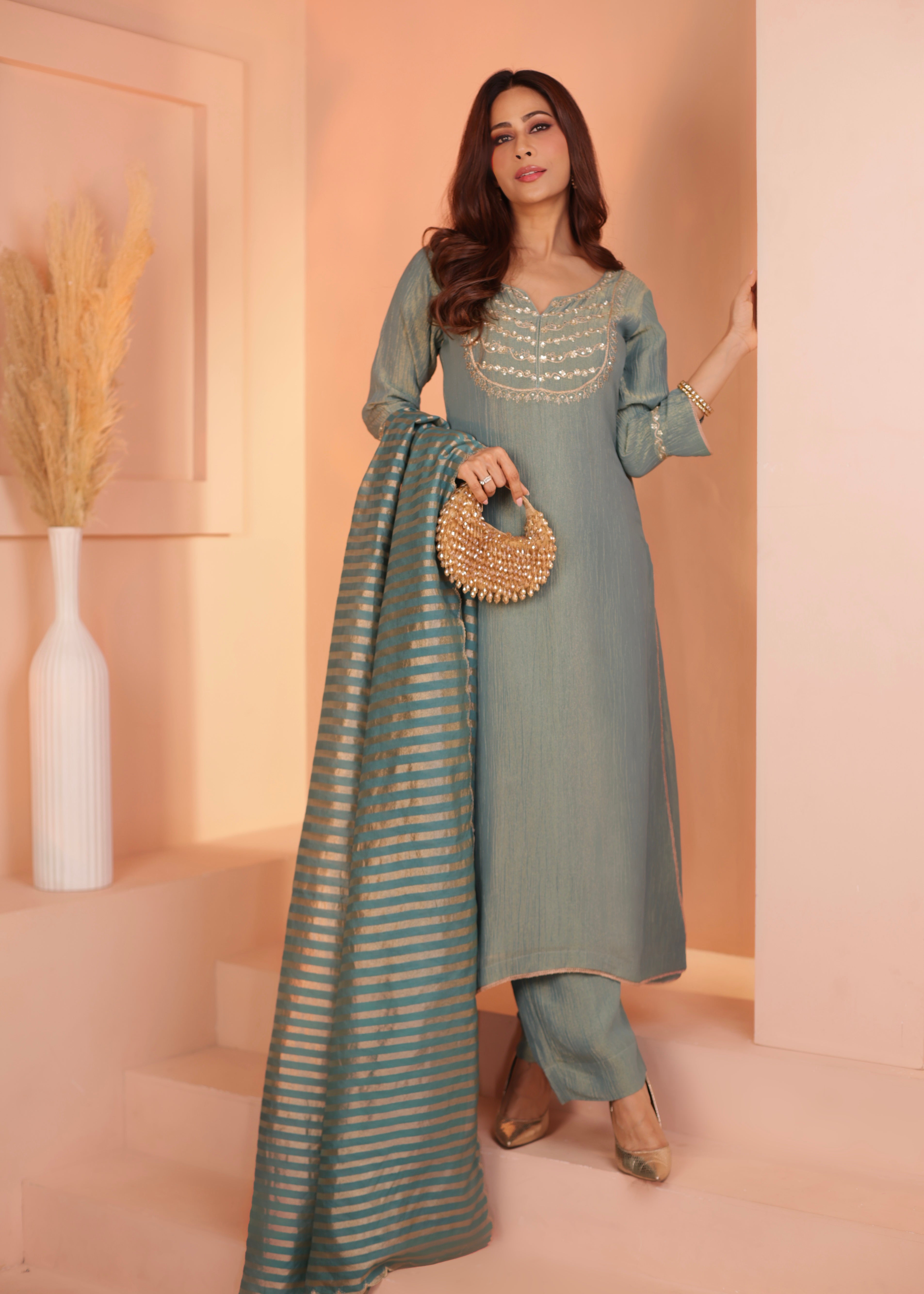 Dusty Blue Embroidered Crushed Tissue Silk Pant Set