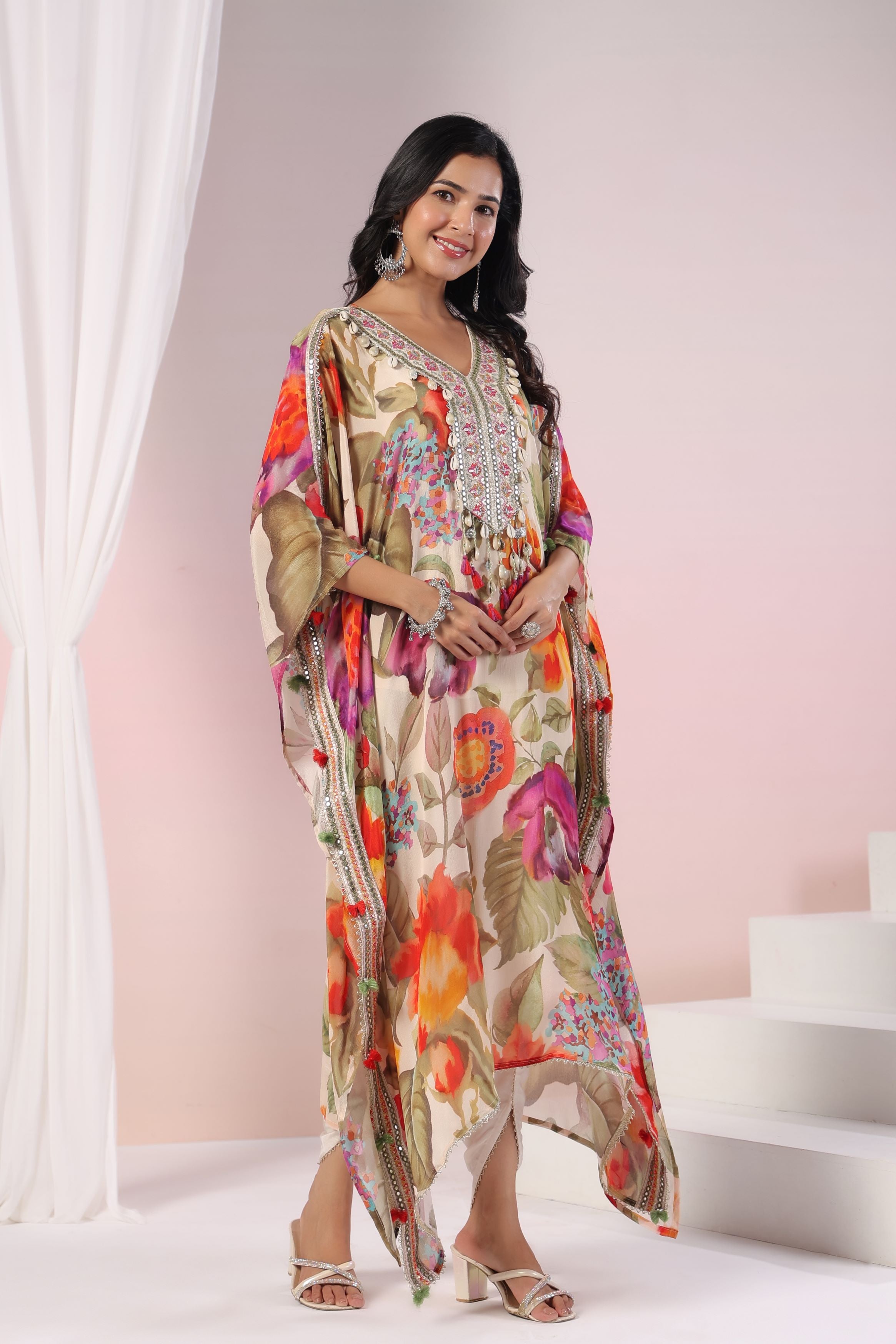 Pastel Cream Floral Printed Chinon Silk Kaftan Set