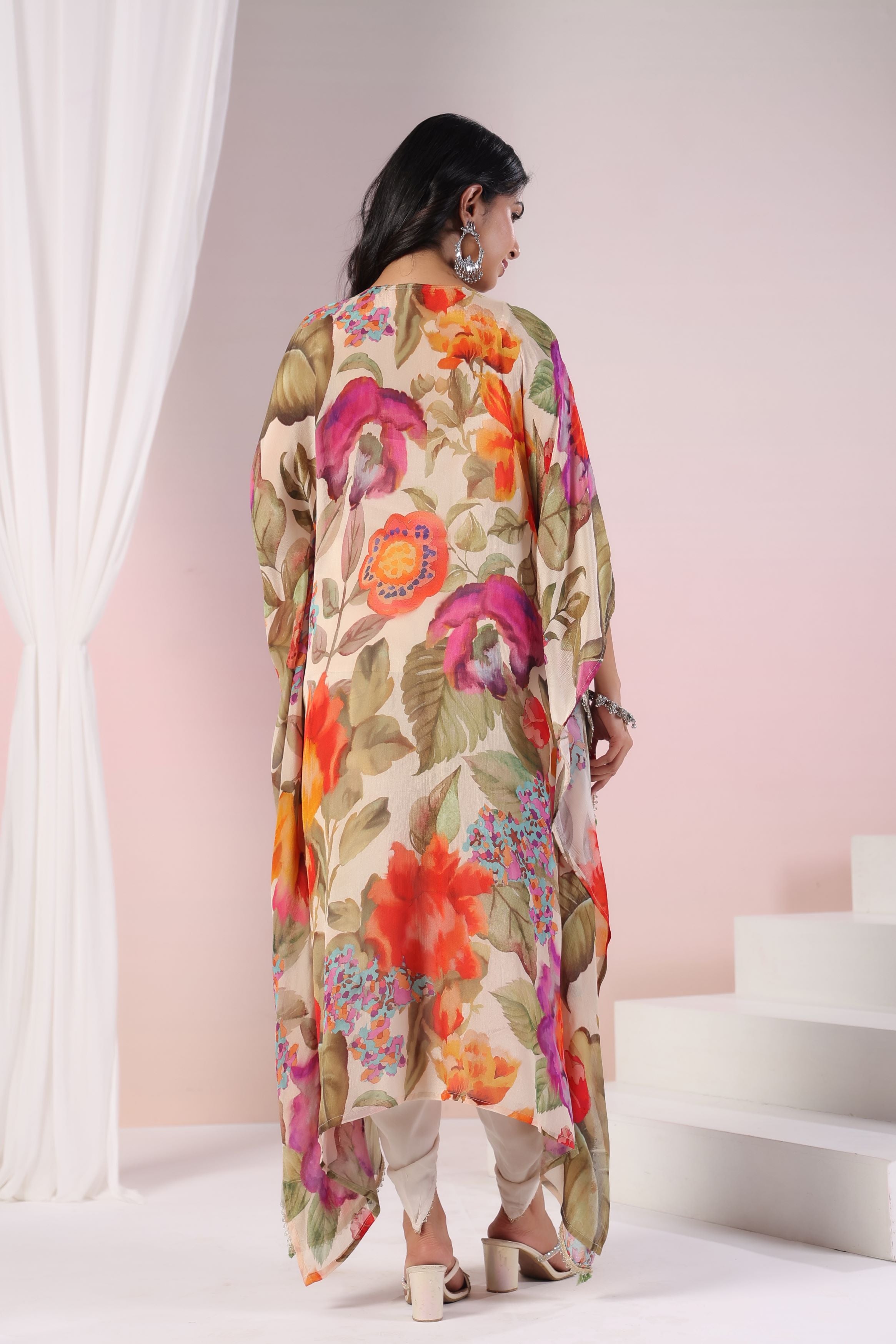 Pastel Cream Floral Printed Chinon Silk Kaftan Set