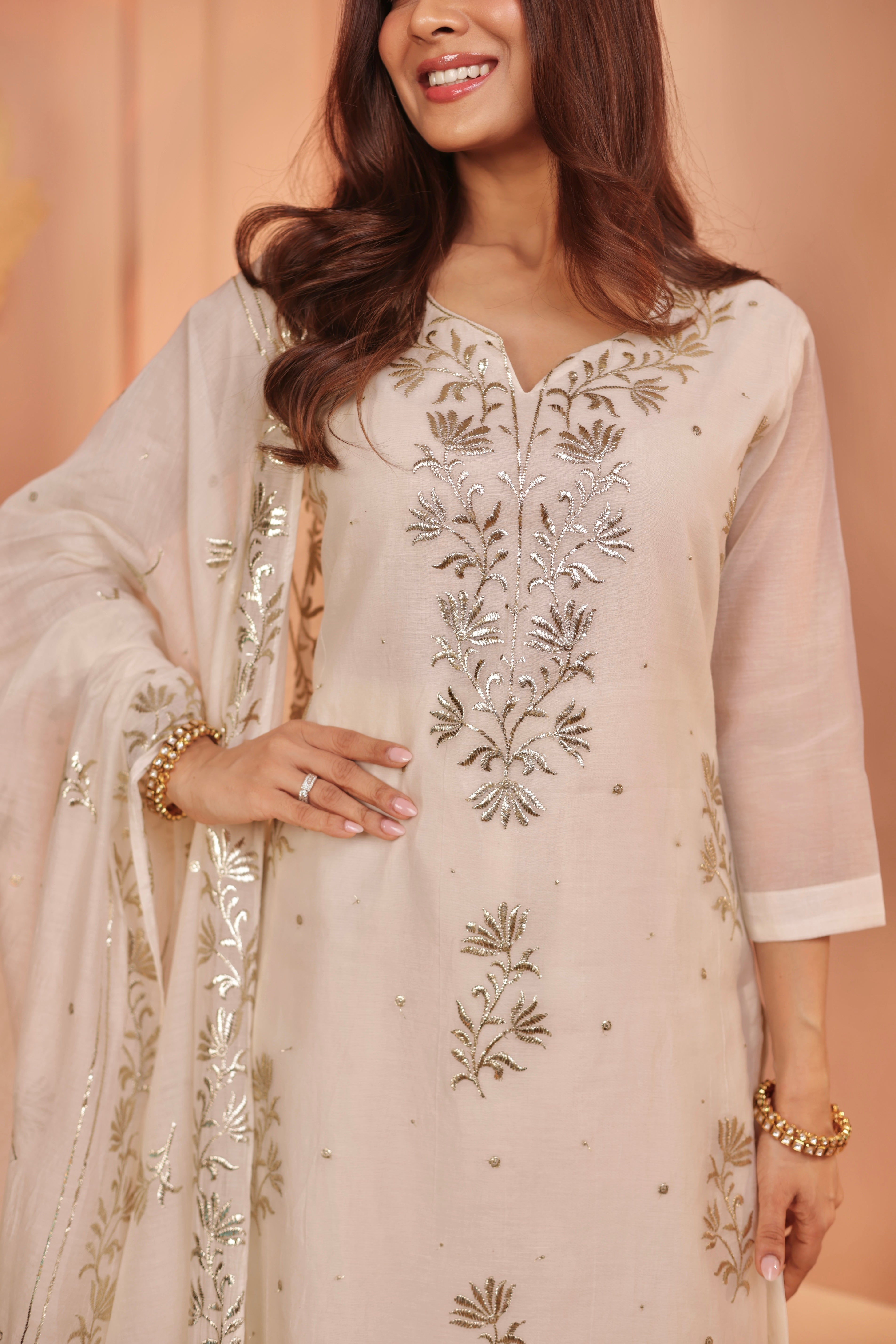 Ivory Embroidered Mul-Chanderi Silk Pant Set