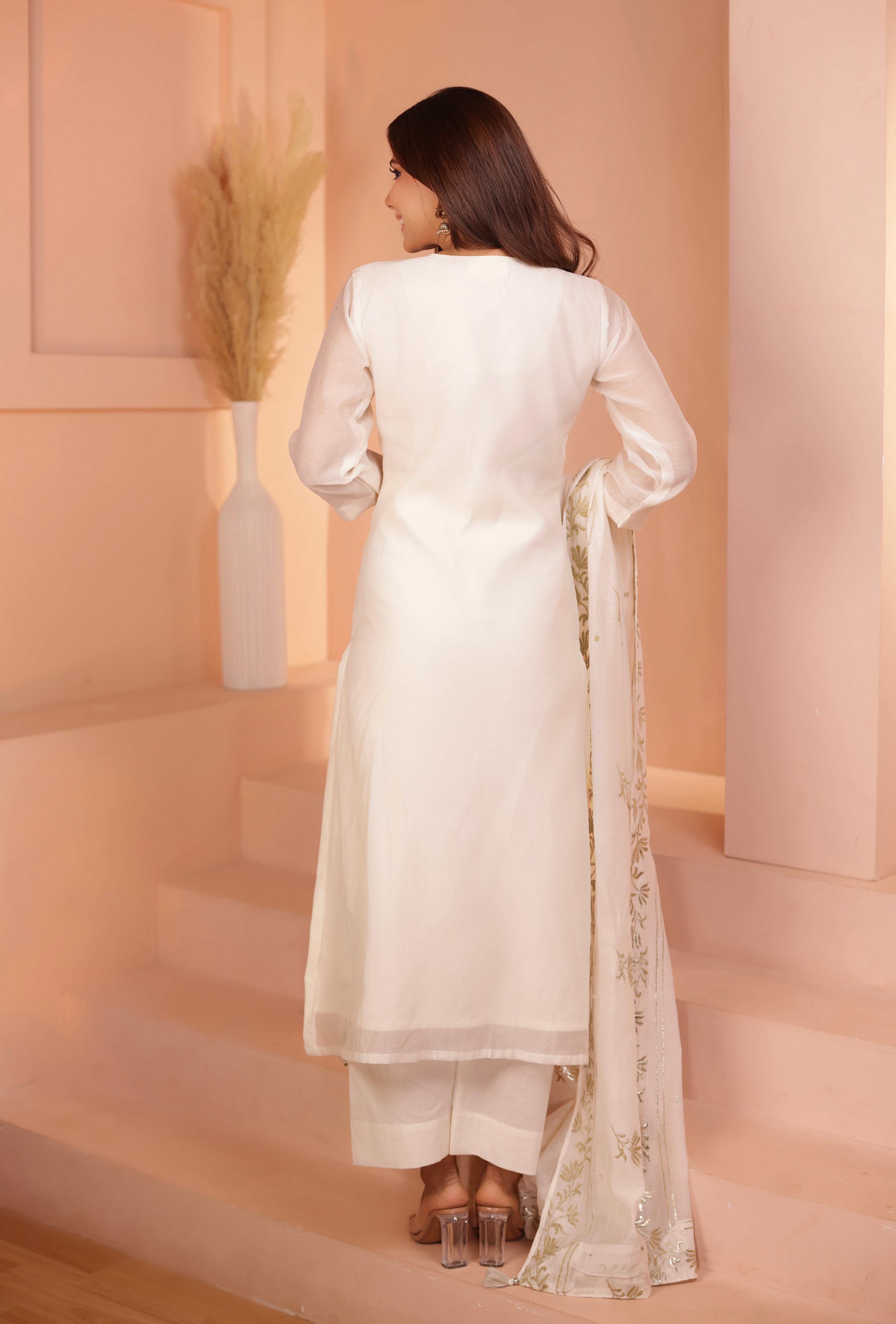 Ivory Embroidered Mul-Chanderi Silk Pant Set