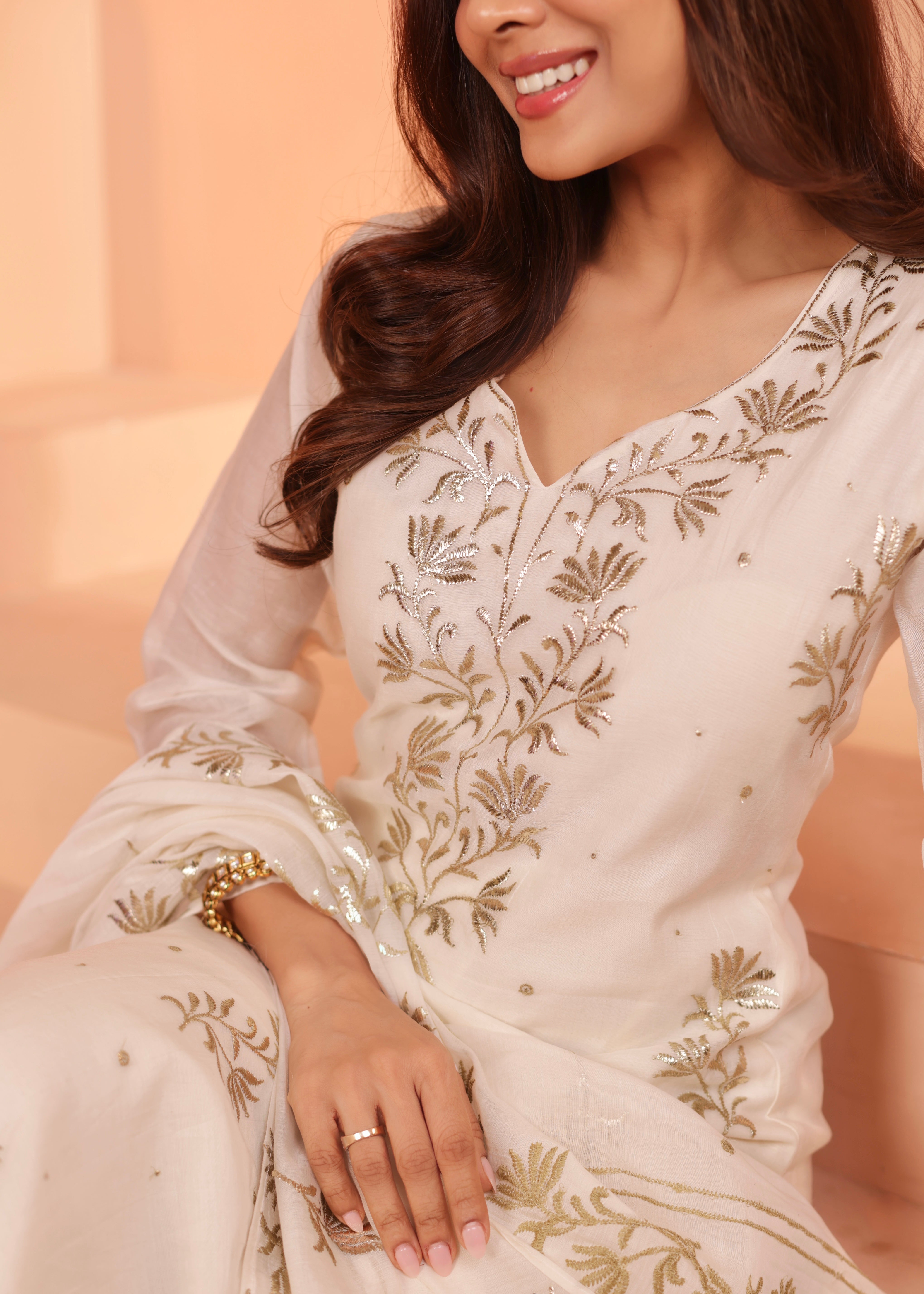 Ivory Embroidered Mul-Chanderi Silk Pant Set