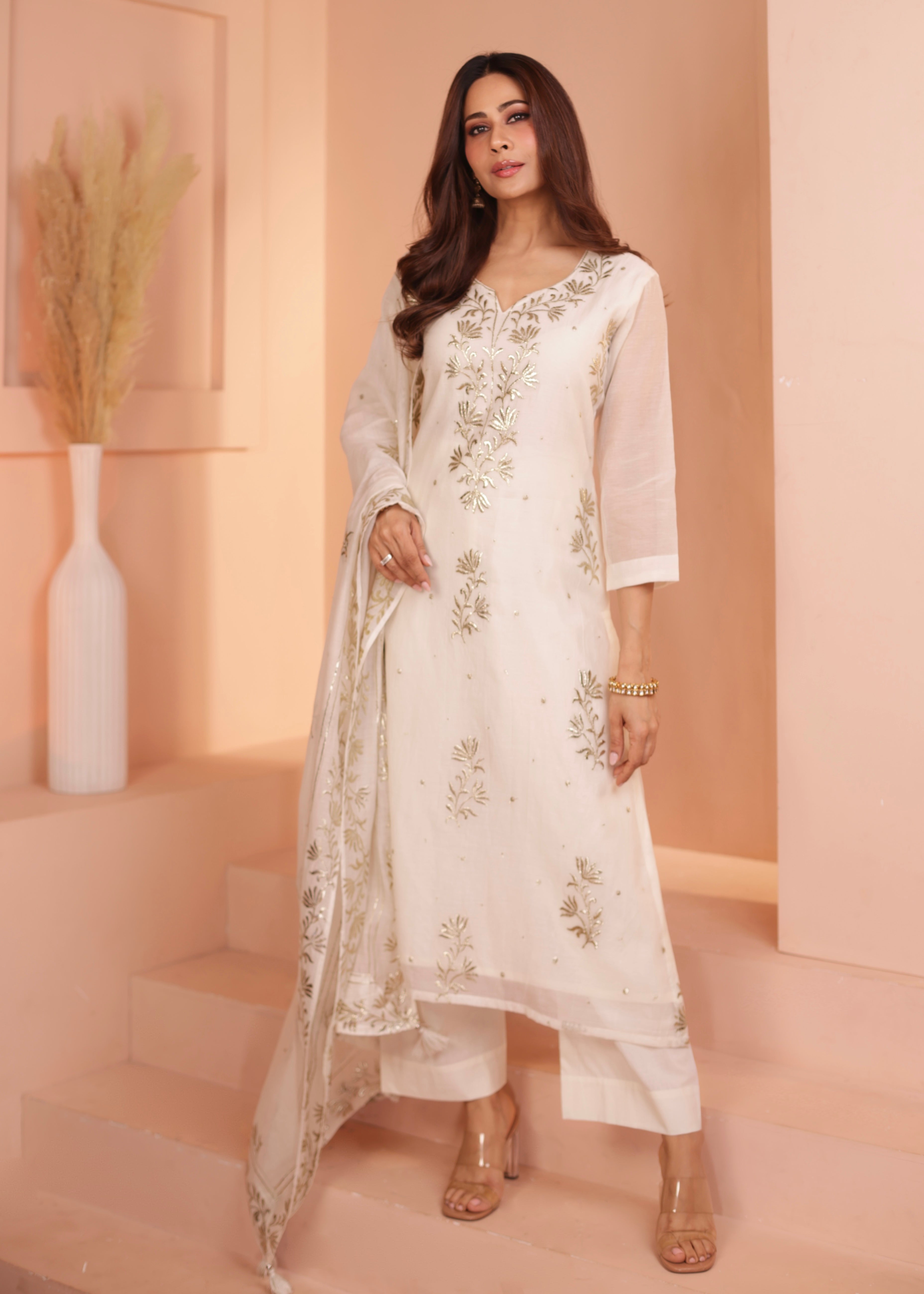 Ivory Embroidered Mul-Chanderi Silk Pant Set