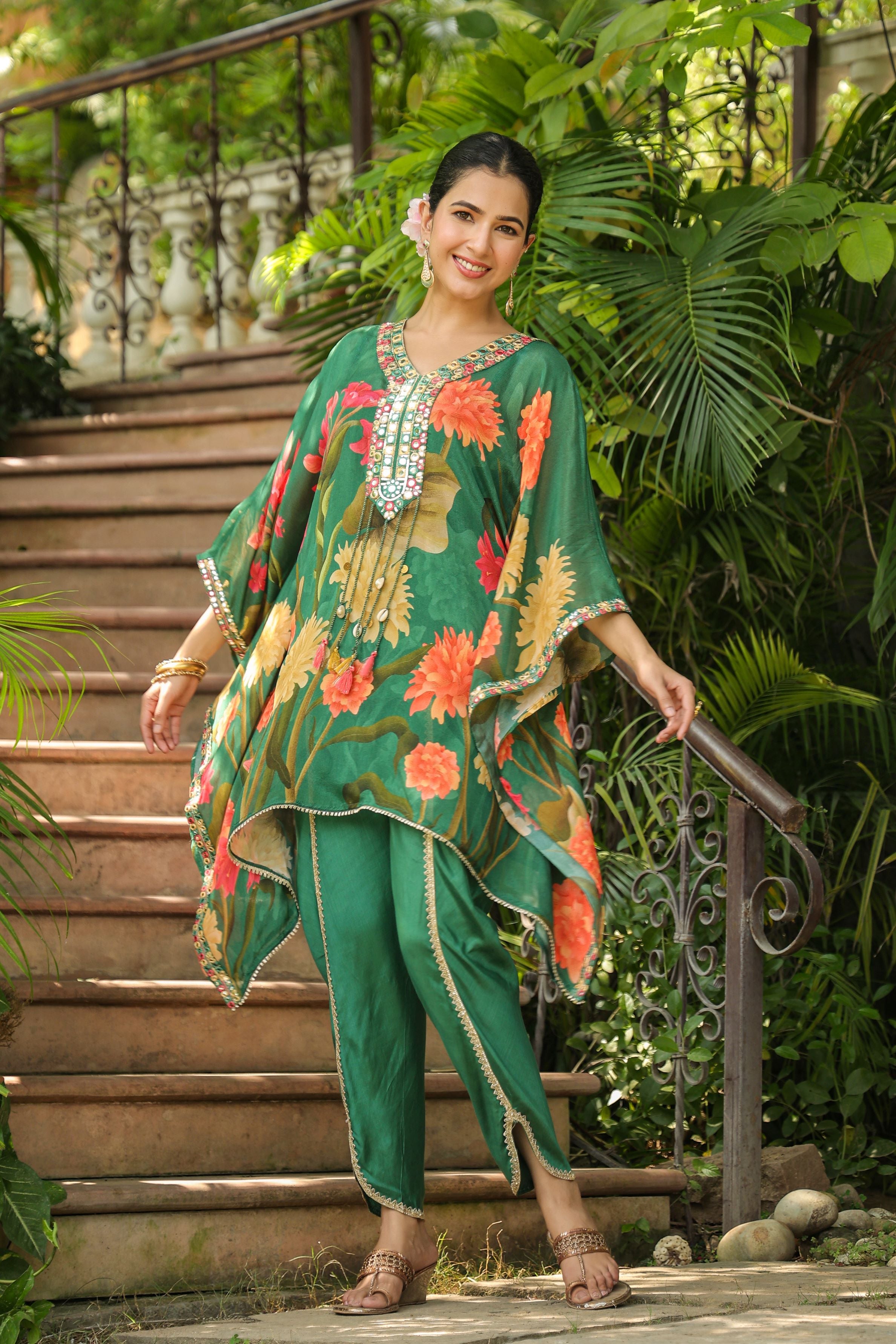 Green Floral Printed Italian Silk Kaftan Set