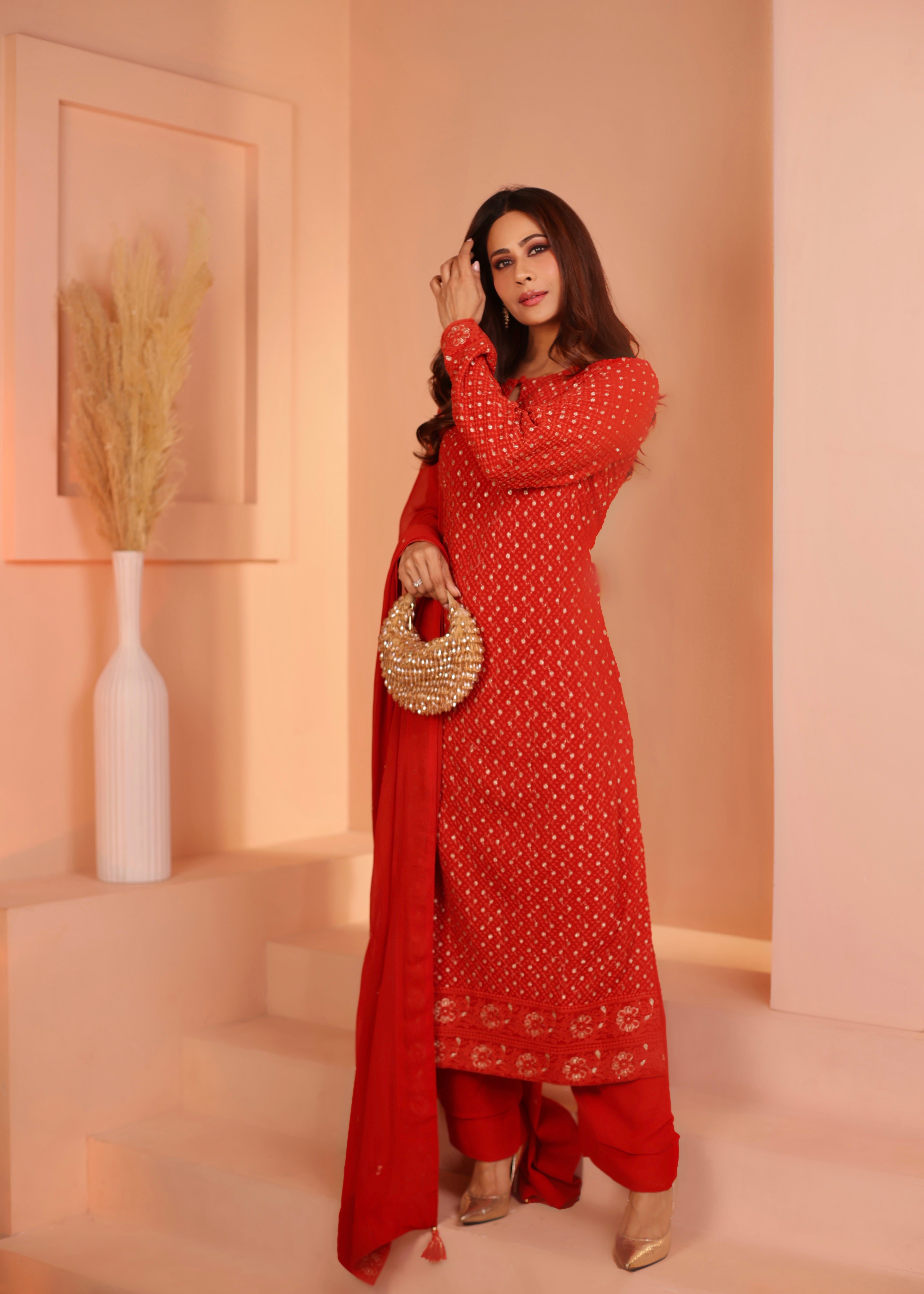 Bright Red Embellished Georgette Silk Pant Set