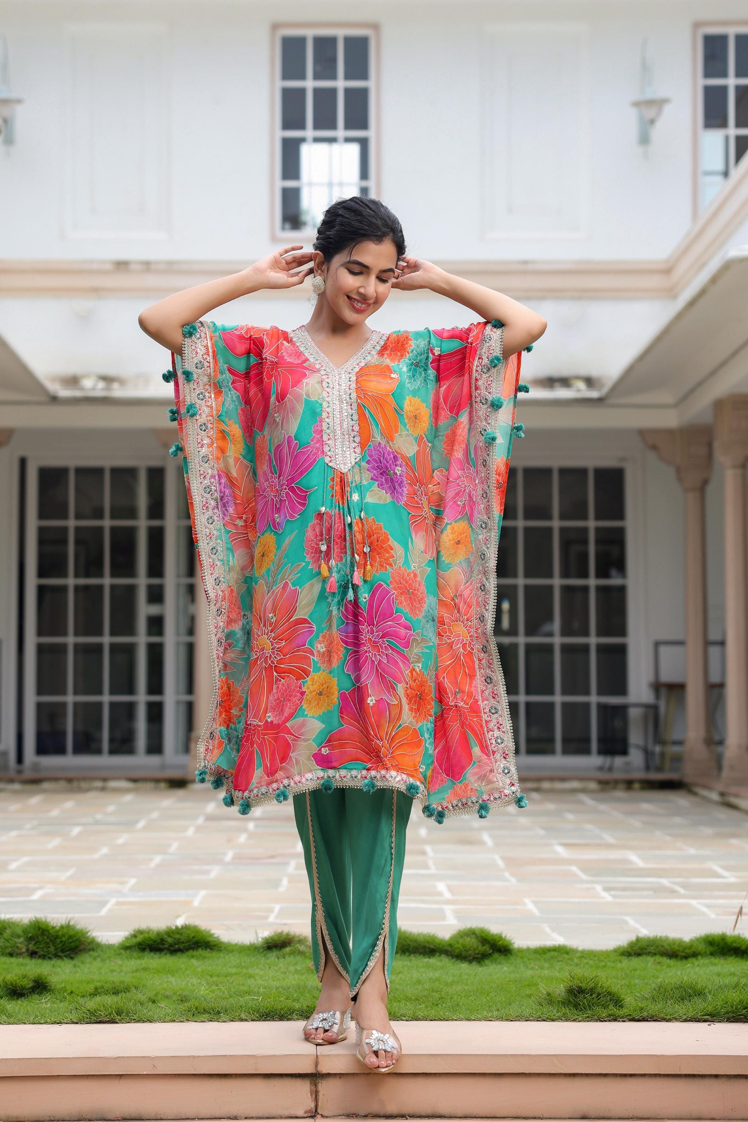 Sea Green Floral Printed Italian Silk Kaftan Set