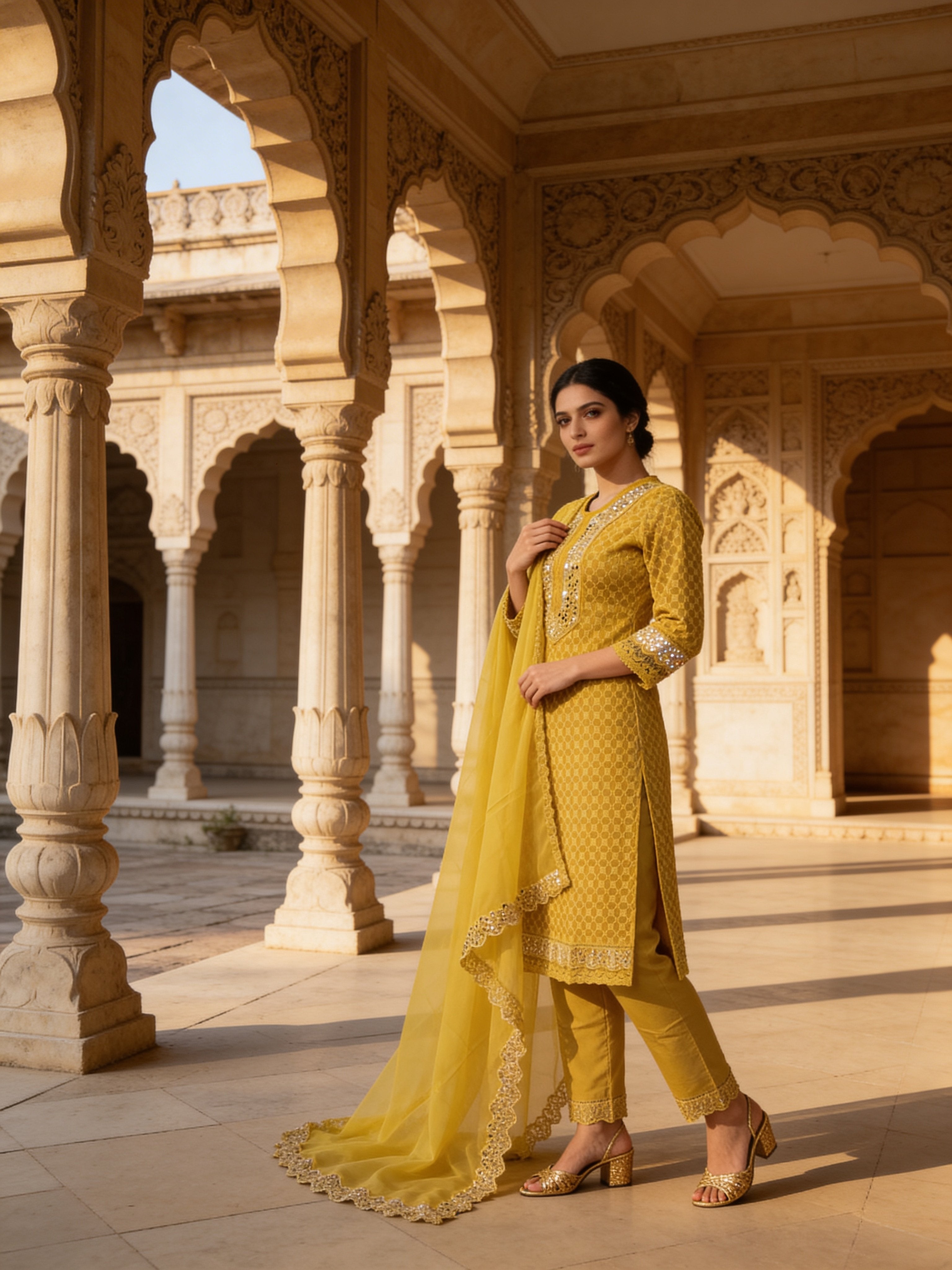 Lime Green Embroidered Georgette Silk Pant Set