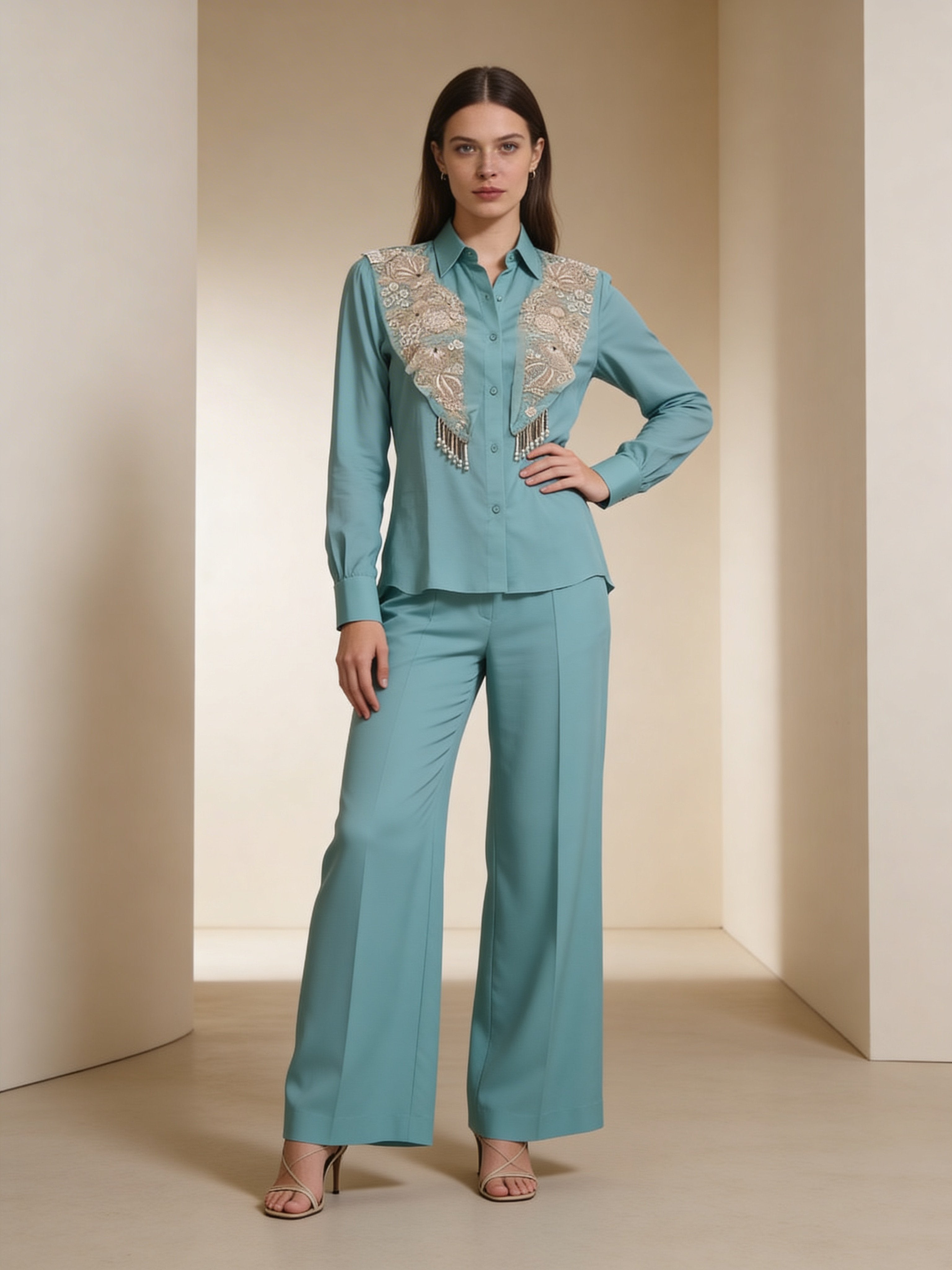 Turquoise Embellished Premium Raw Silk Co-Ord Set