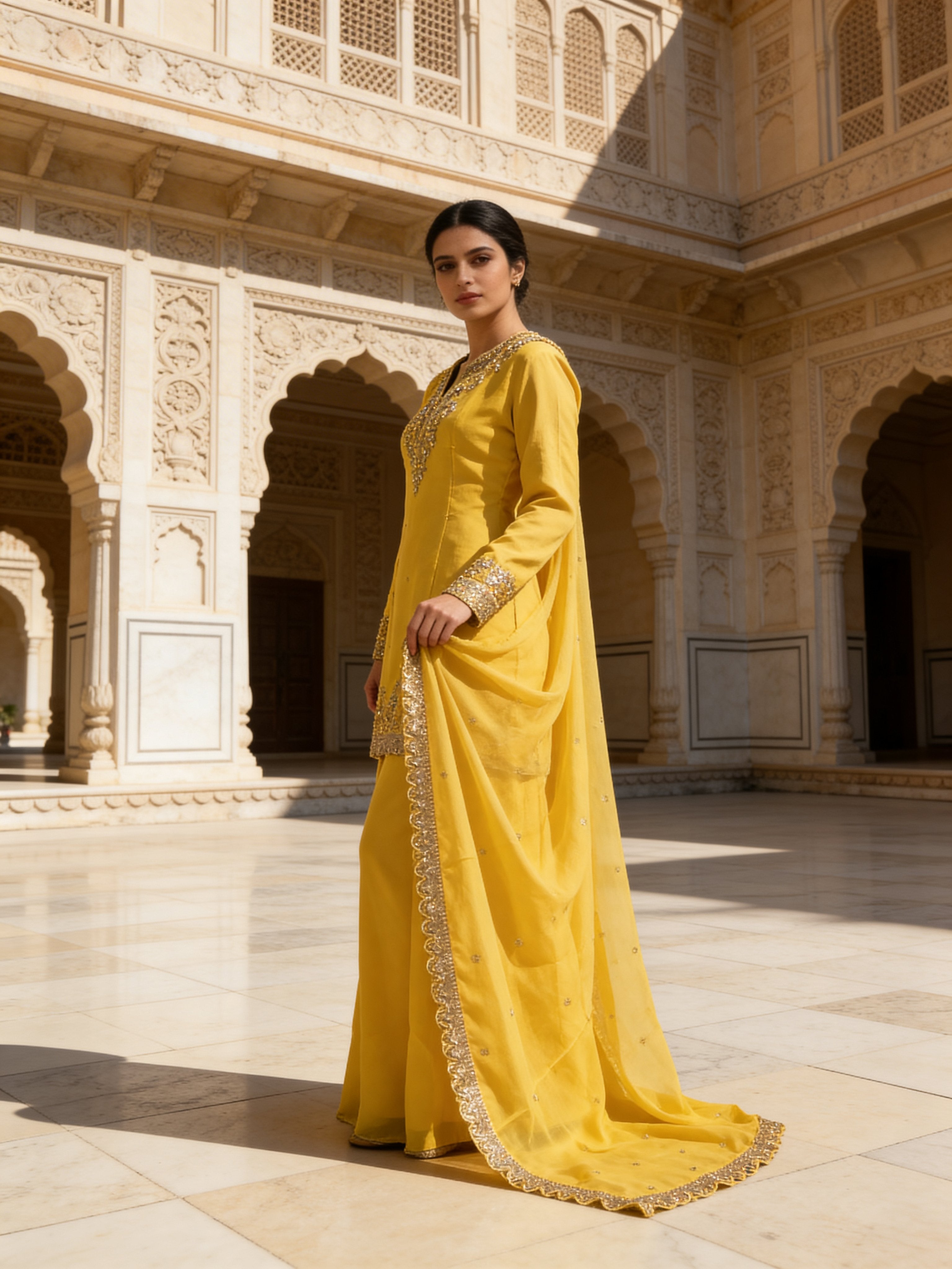 Bright Yellow Embellished Premium Silk Sharara Set