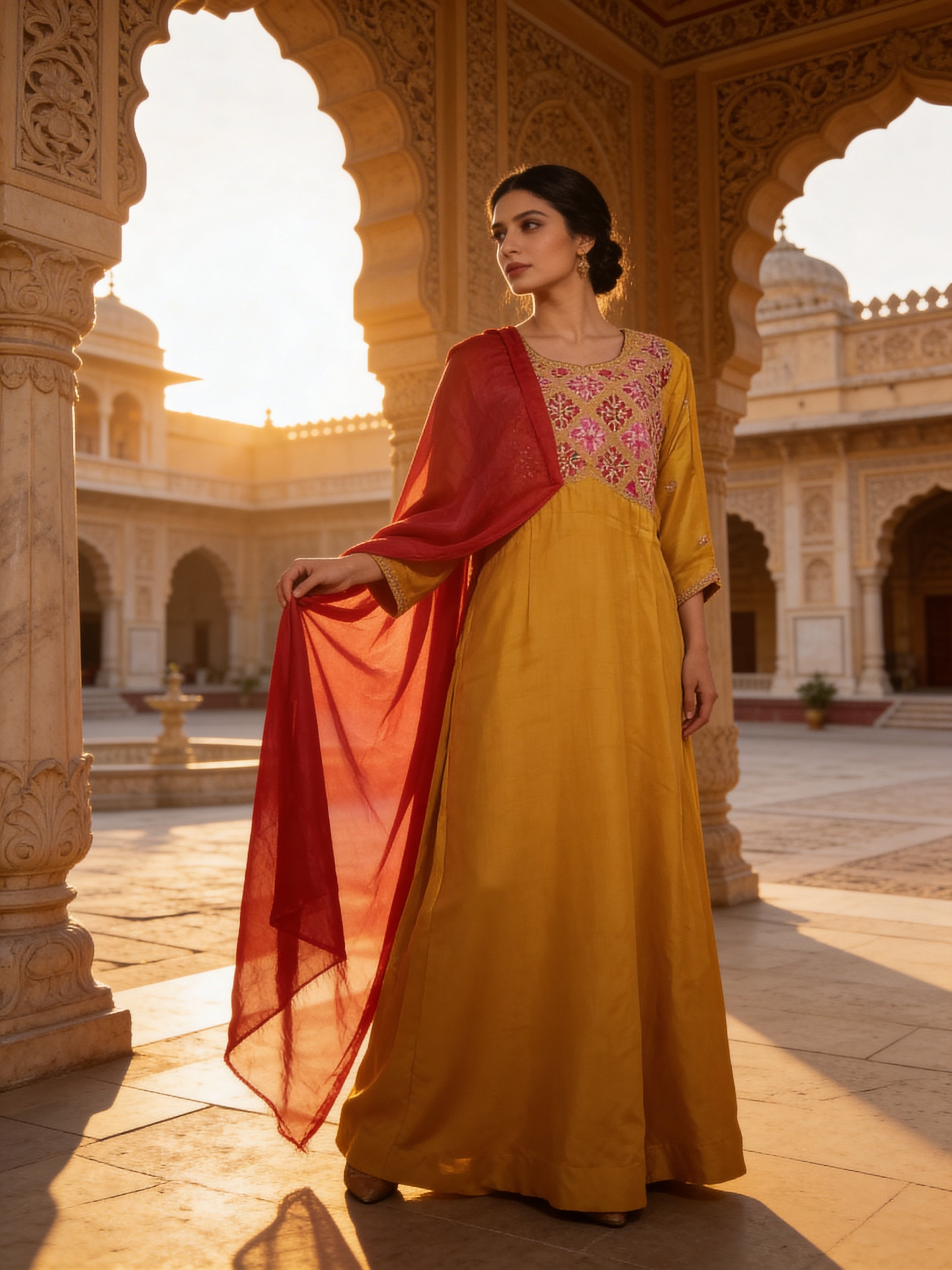 Mustard Embellished Premium Raw Silk Anarkali Set