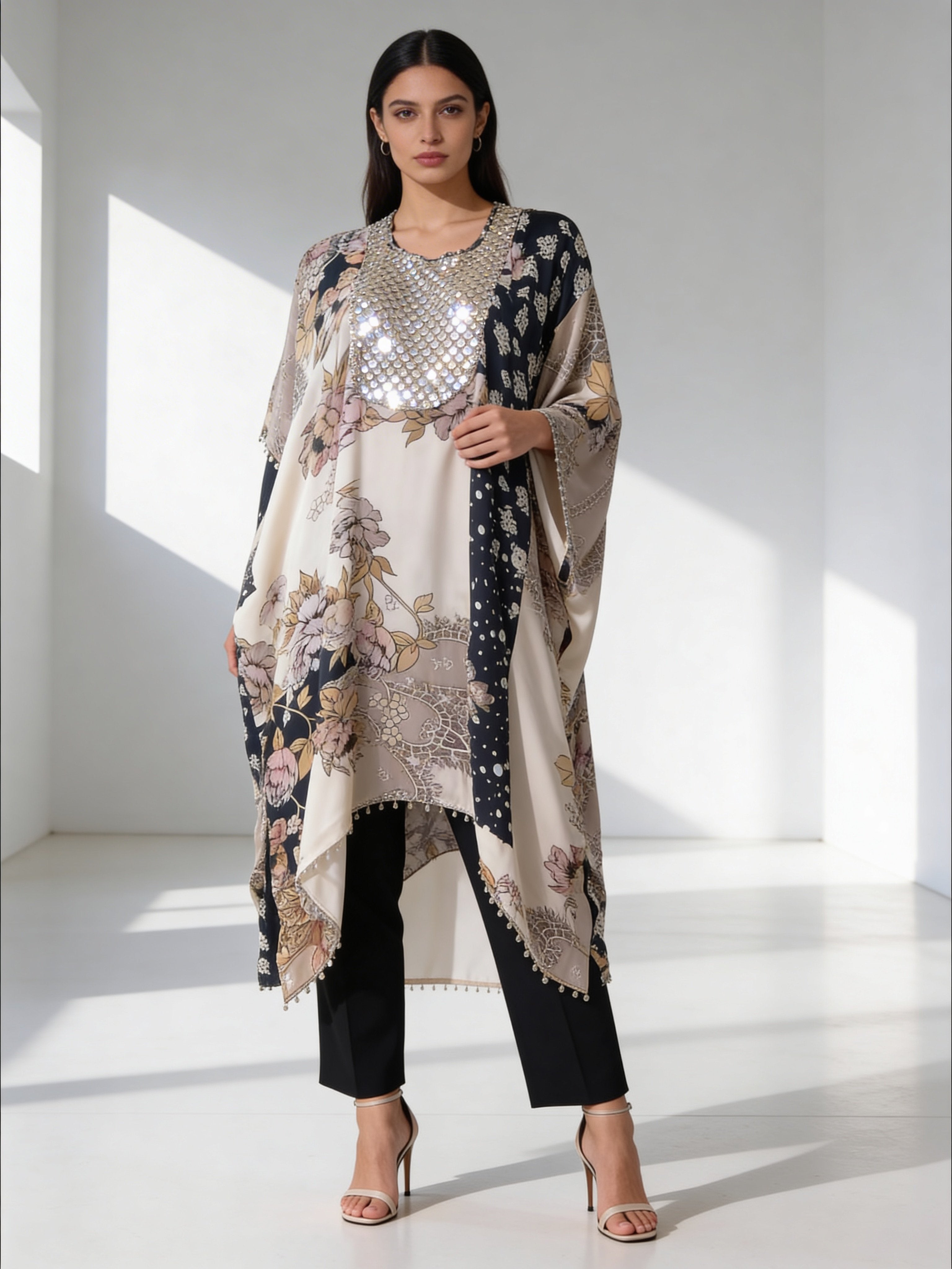 Cream Embellished Soft Organza Silk Kurta Set