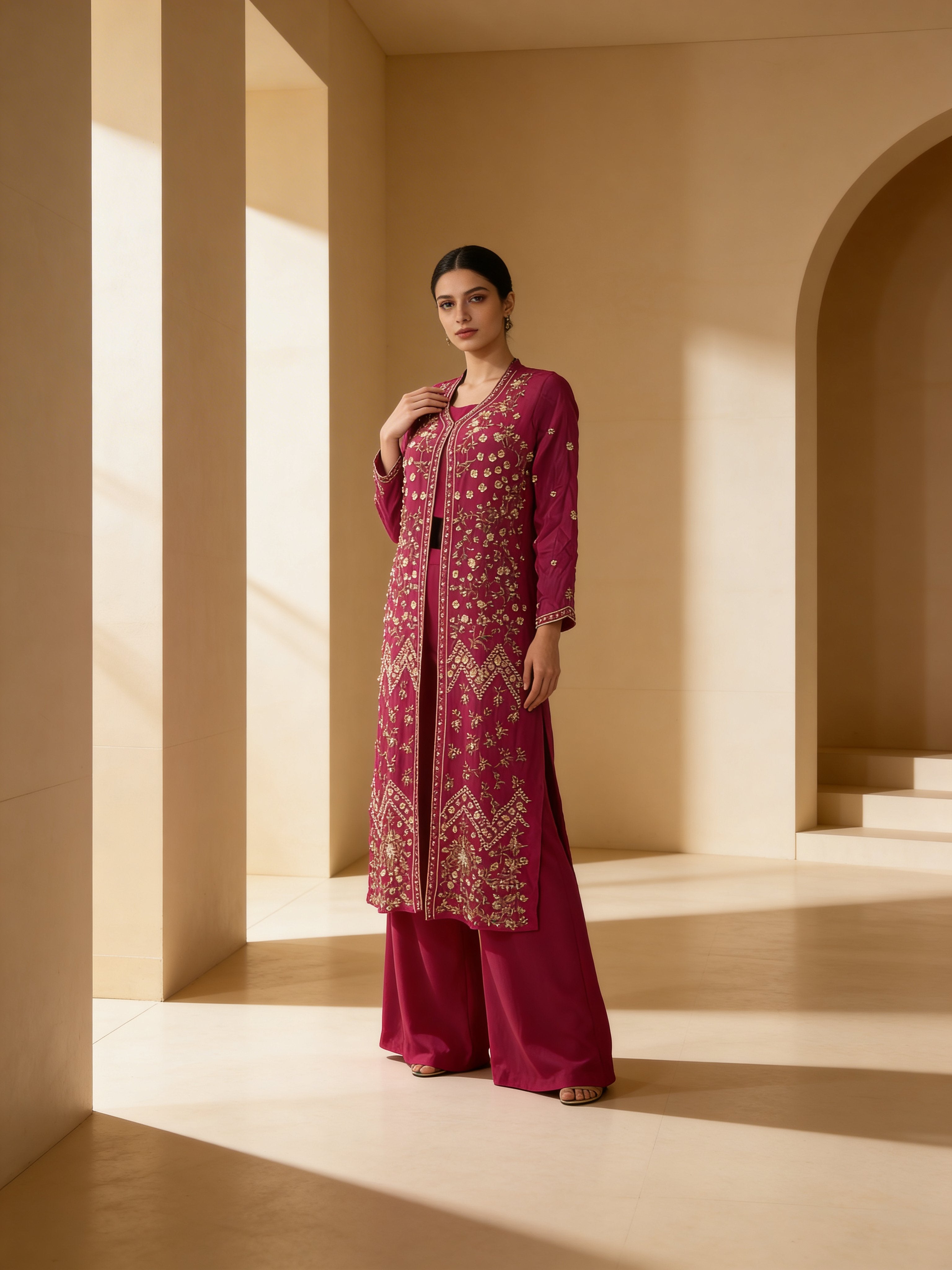 Rich Pink Embellished Georgette Silk Palazzo Set