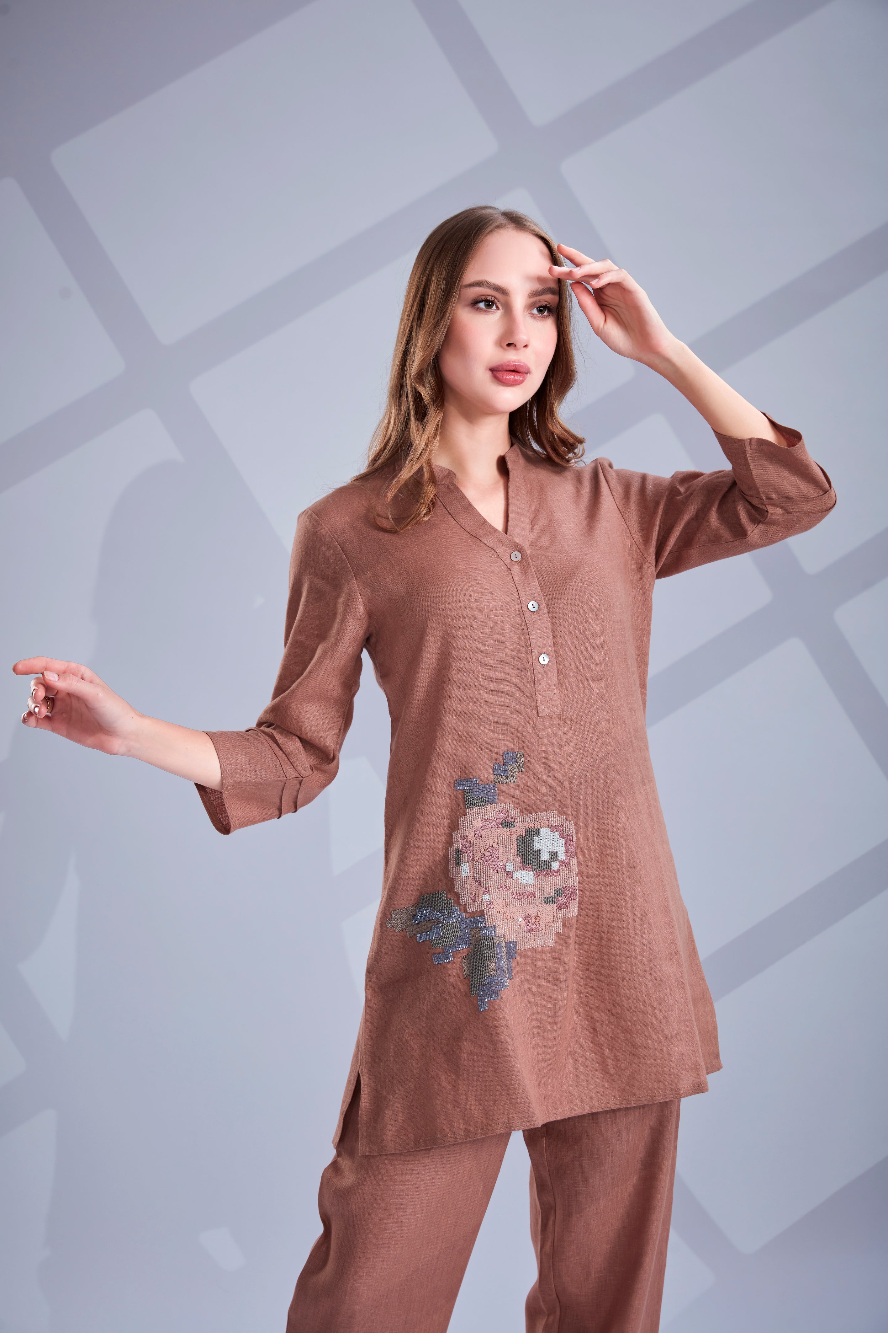 Cocoa Bloom Embellished Linen Co-Ord Set