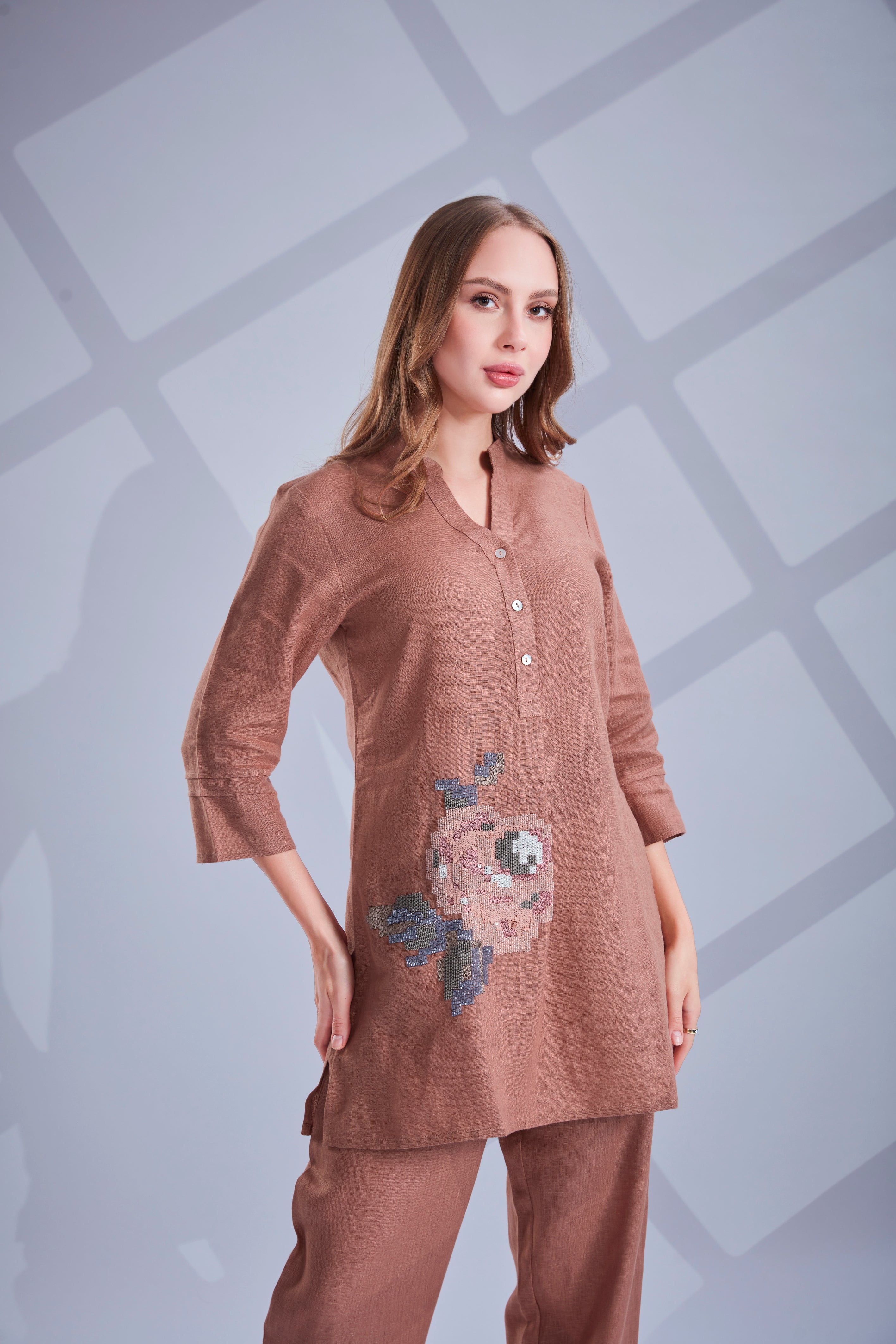 Cocoa Bloom Embellished Linen Co-Ord Set