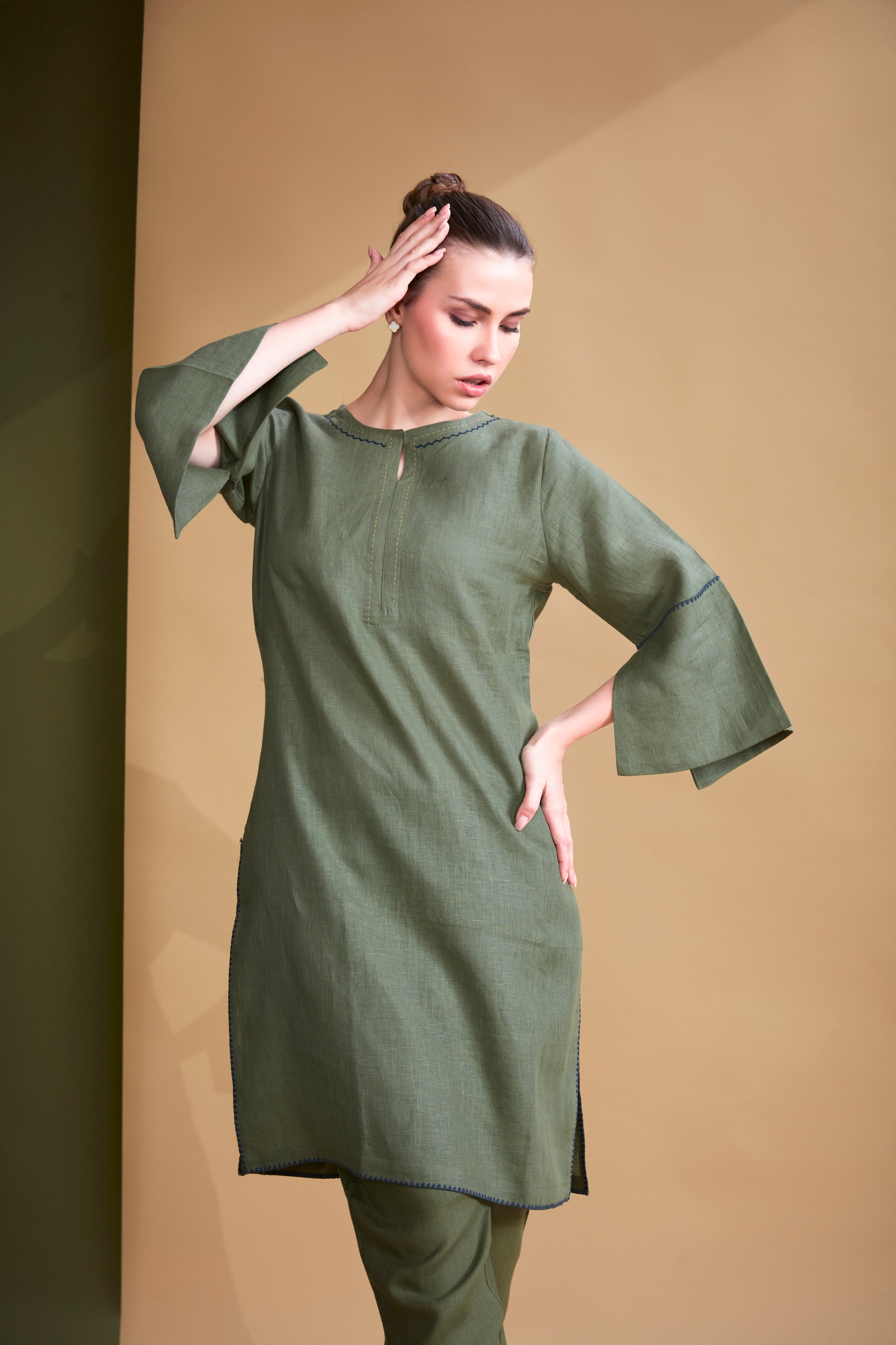 Sage Minimalist Embroidered Linen Co-Ord Set