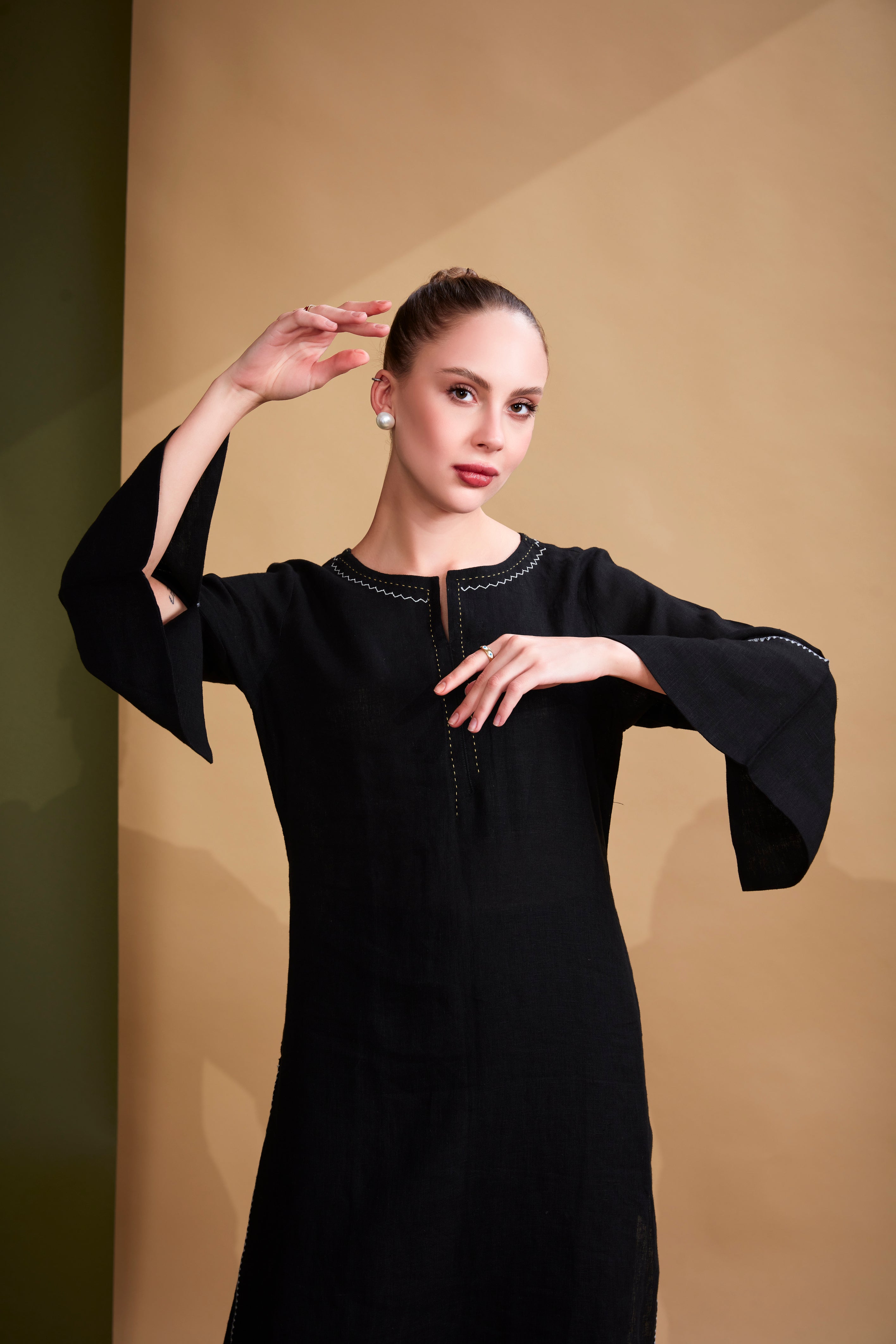 Black Minimalist Embroidered Linen Co-Ord Set