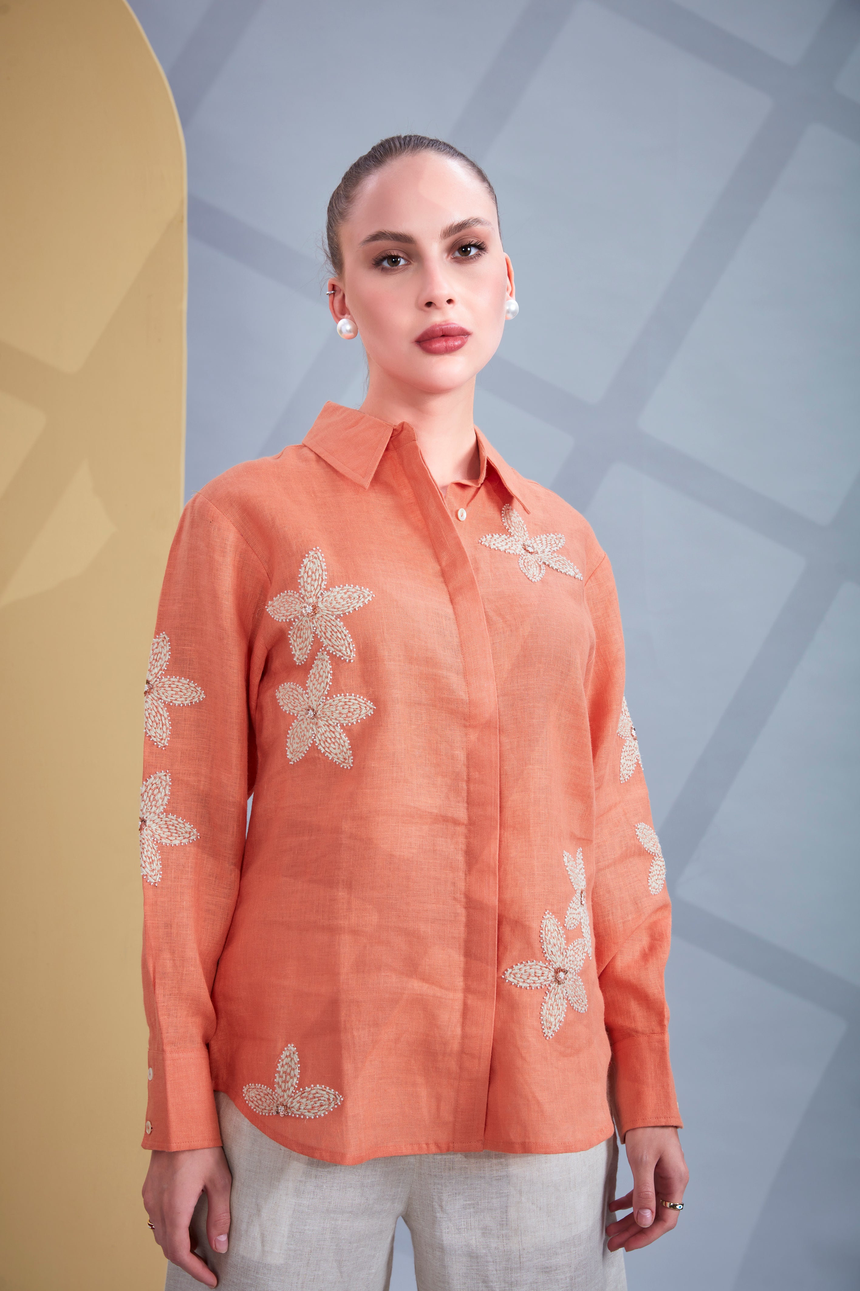 Coral Glow Embroidered Linen Co-Ord Set