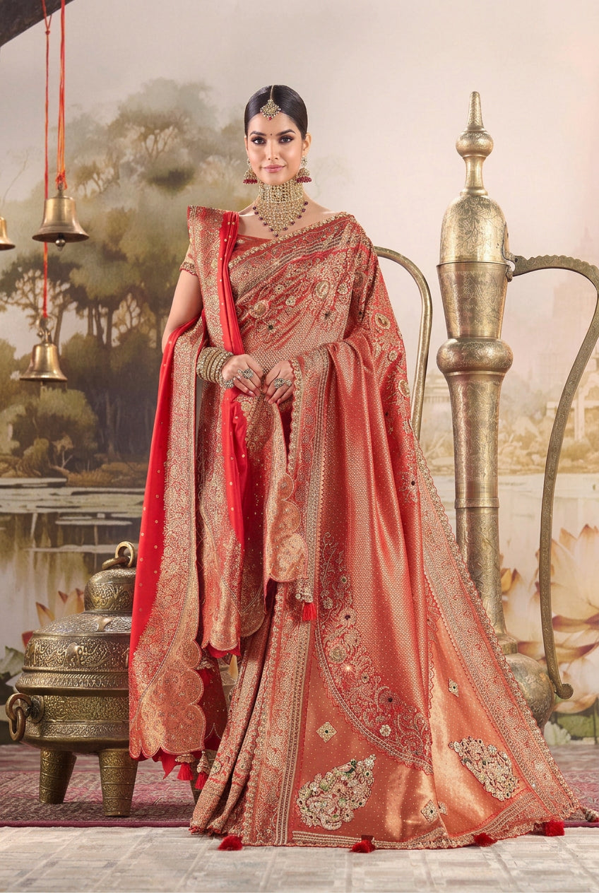 Royal Vermilion Embellished Pure Banarasi Brocade Silk Saree