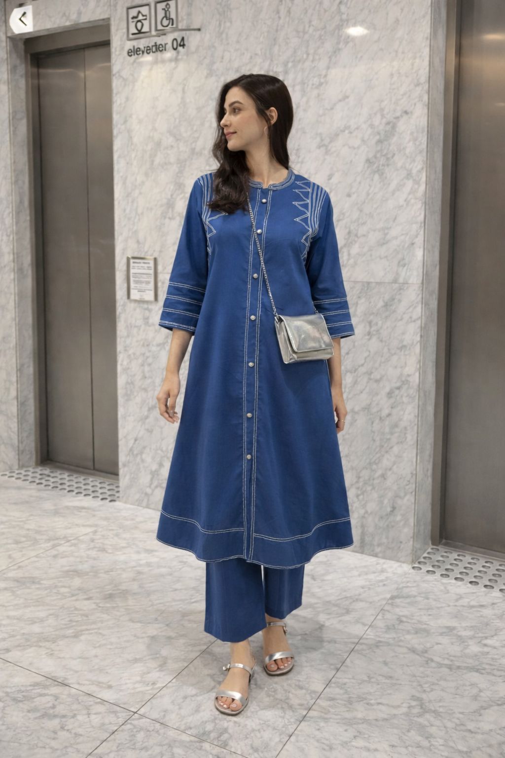 Denim Blue Embroidered Cotton Kurta Set