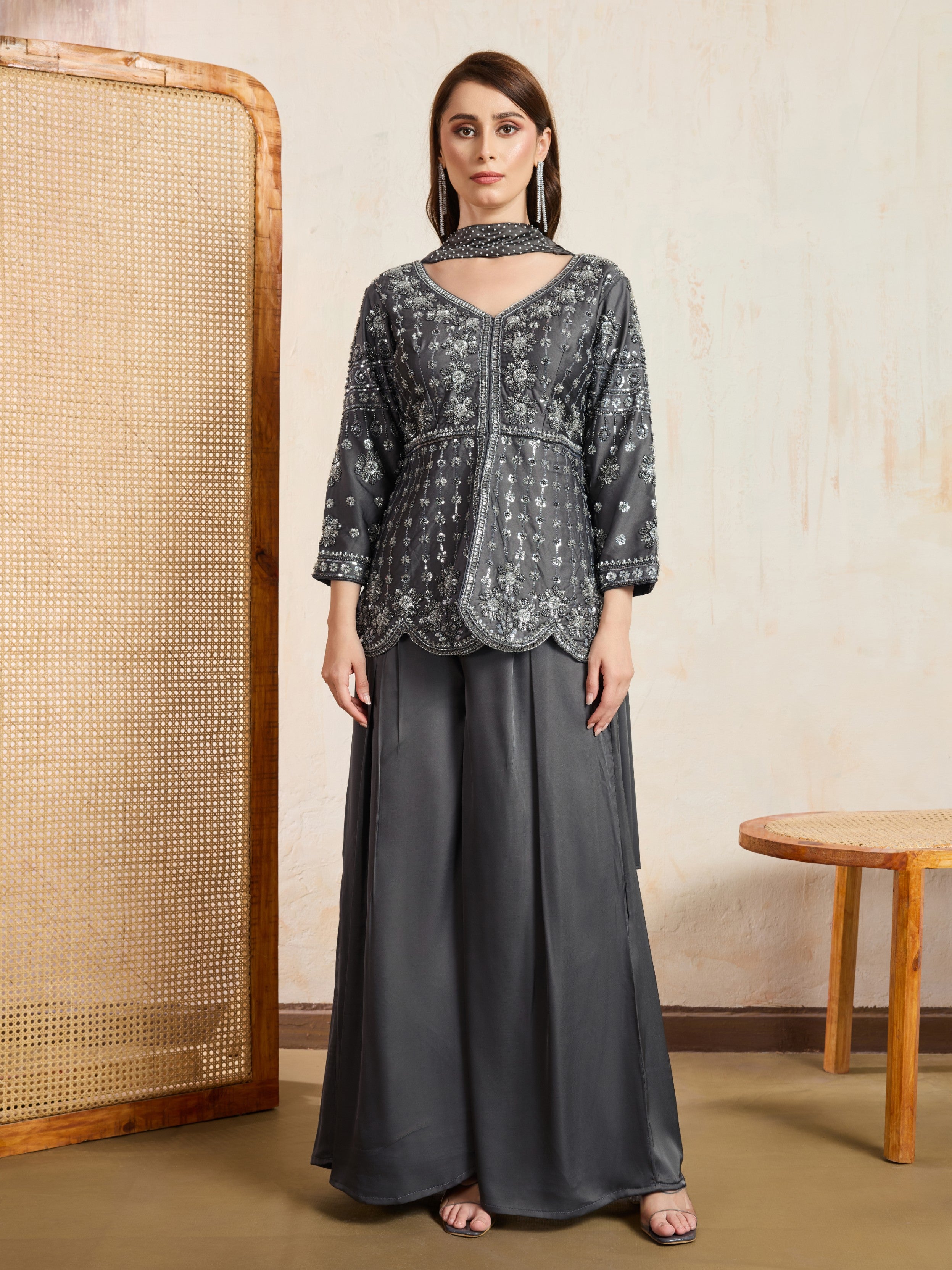 Charcoal Grey Embellished Satin Silk Palazzo Set
