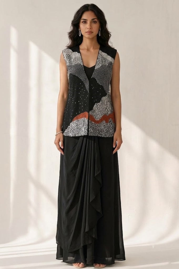 Deep Black Embellished Crepe Satin Silk Skirt Set