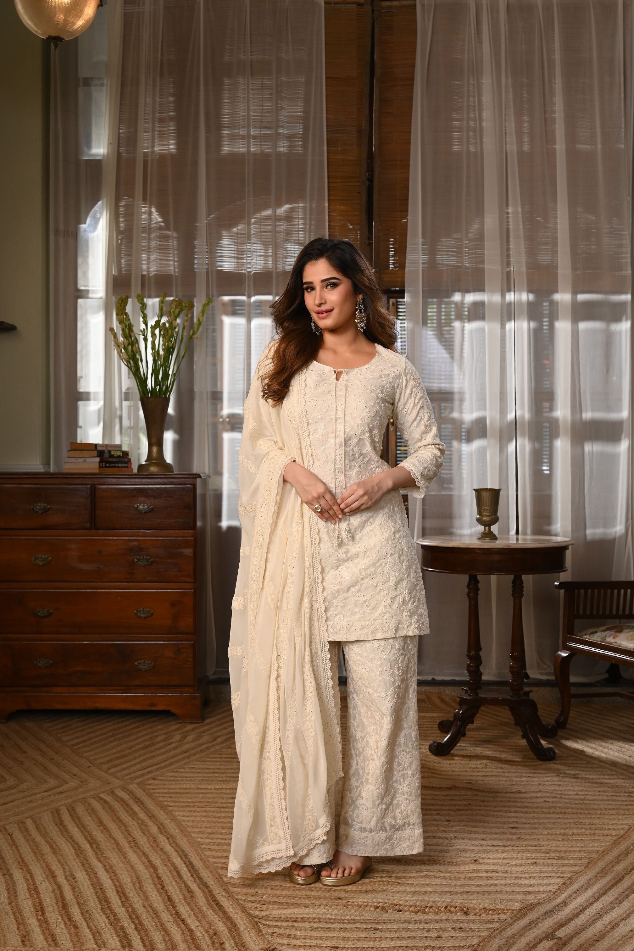 Ivory Embroidered Chanderi Silk Pant Set