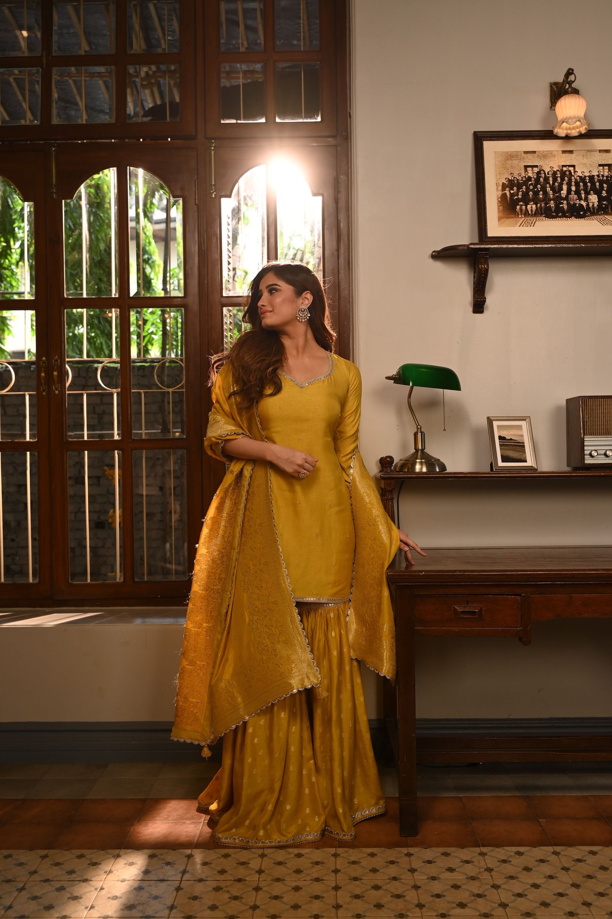 Mustard Yellow Embellished Dola Silk Sharara Set