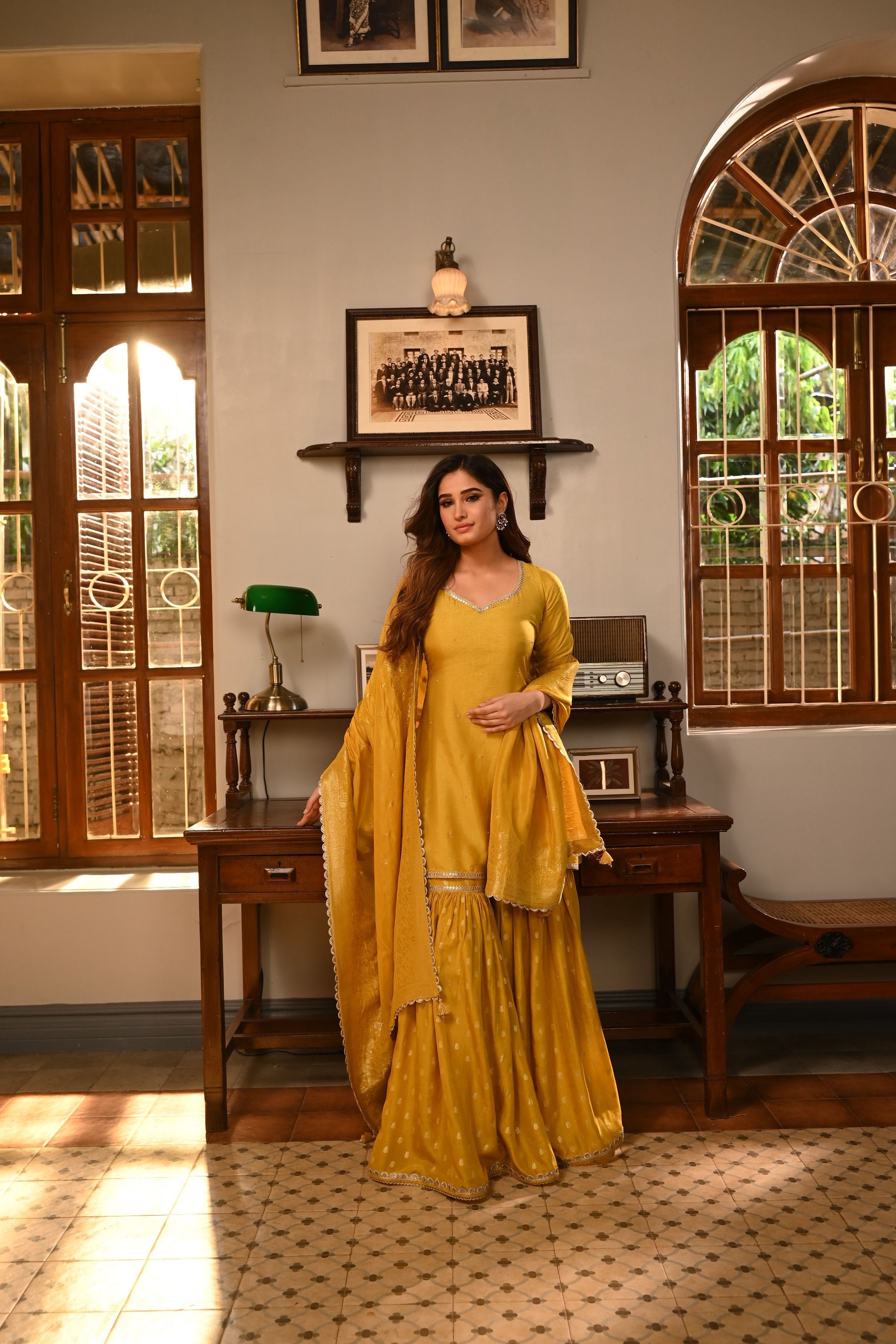Mustard Yellow Embellished Dola Silk Sharara Set