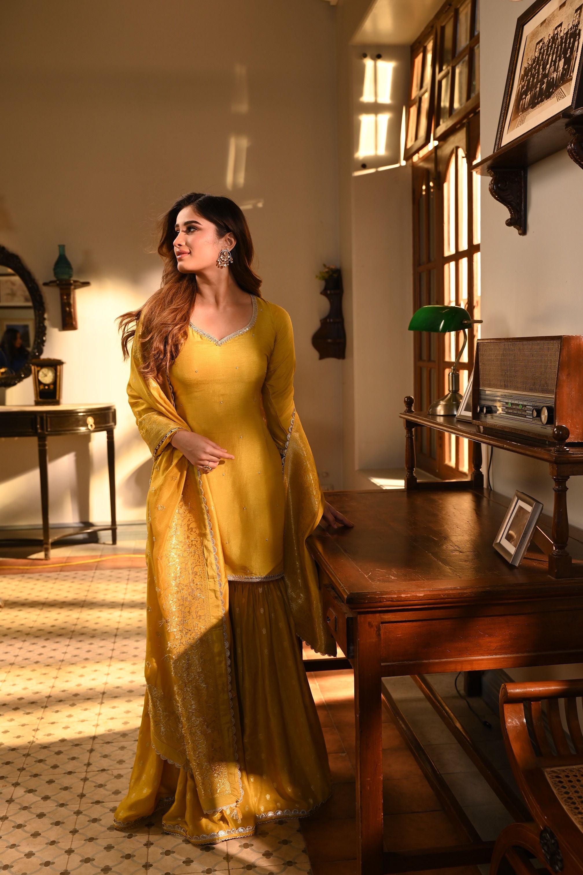 Mustard Yellow Embellished Dola Silk Sharara Set