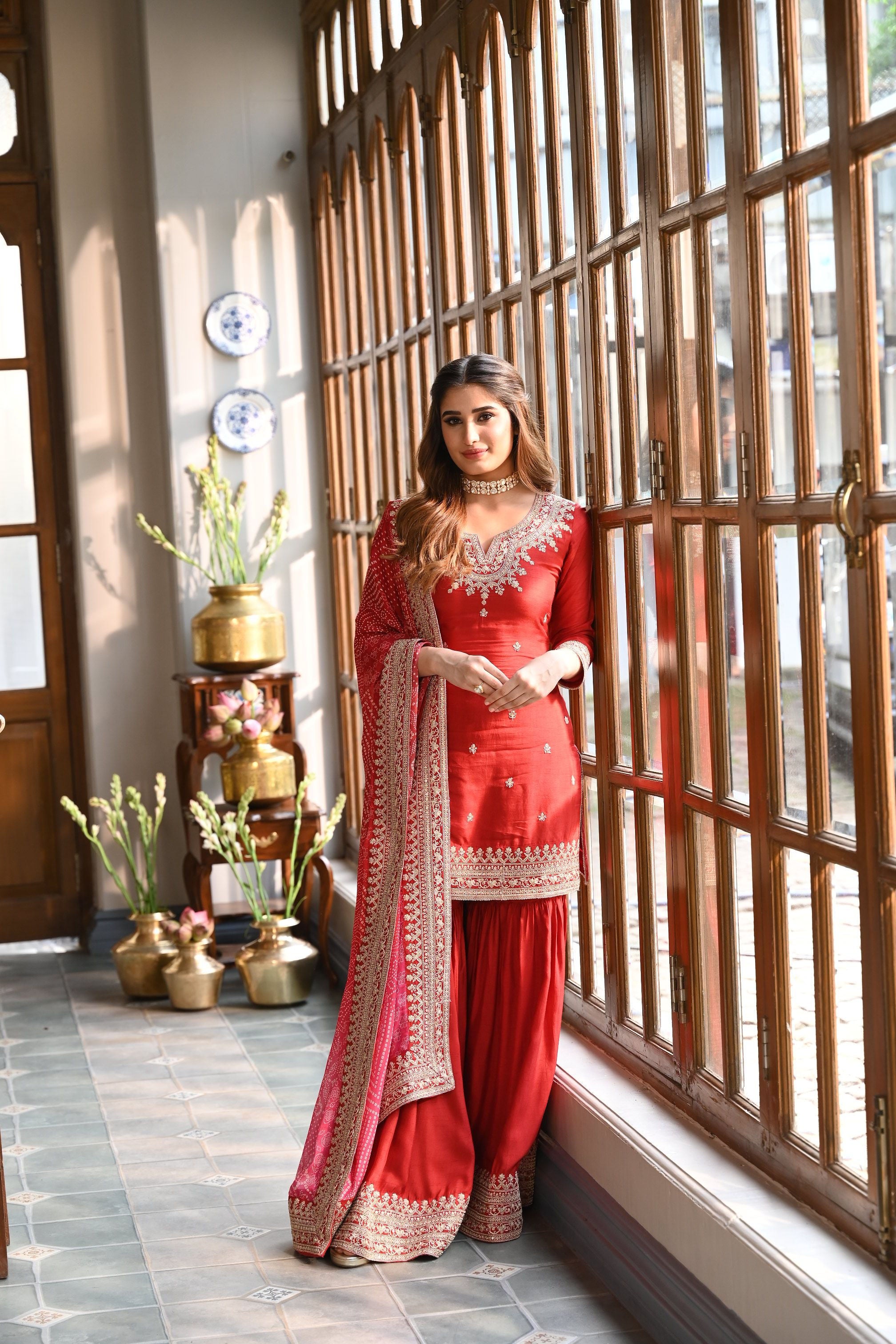 Red Embellished Pure Dola Silk Sharara Set