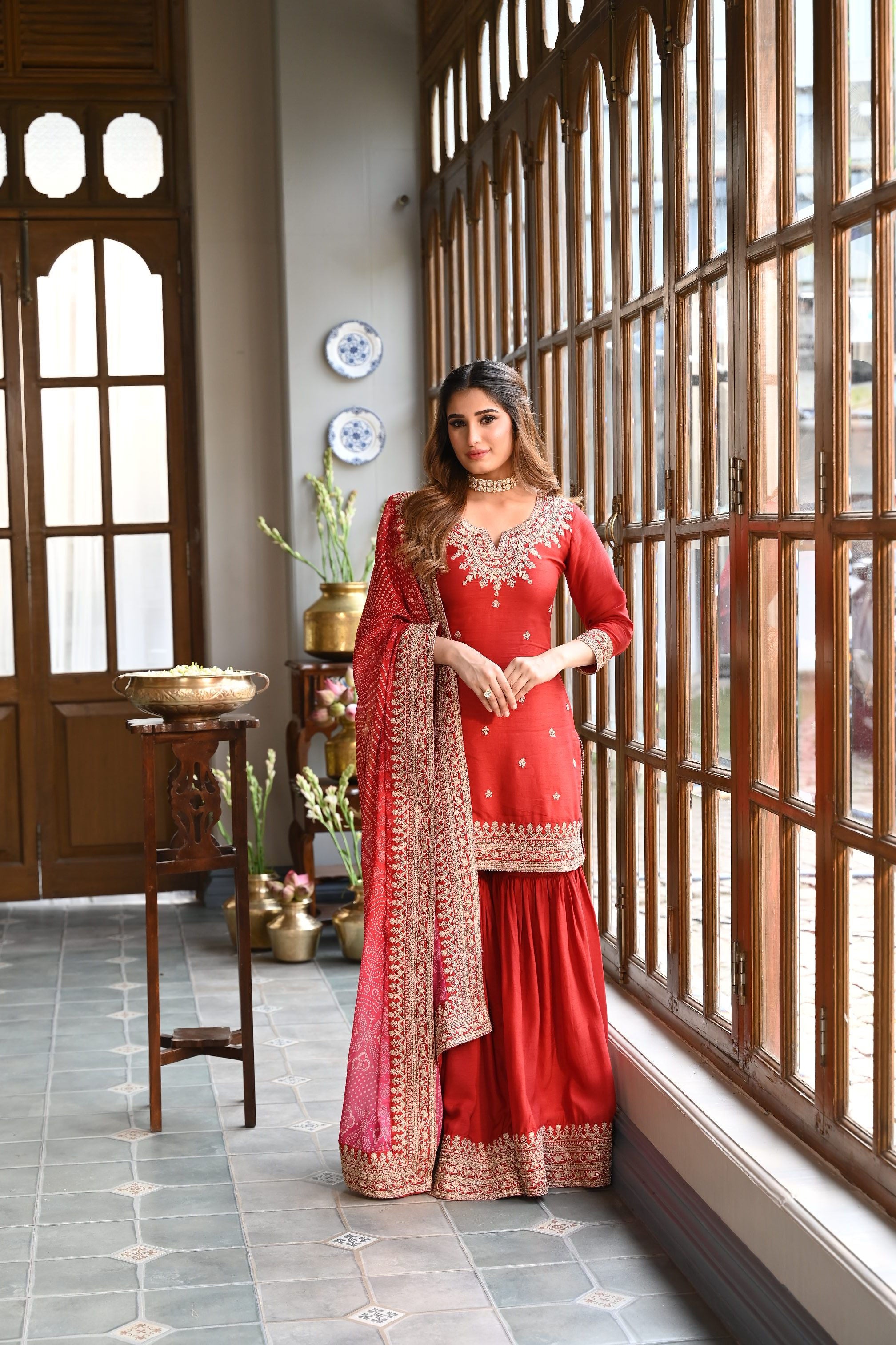Red Embellished Pure Dola Silk Sharara Set