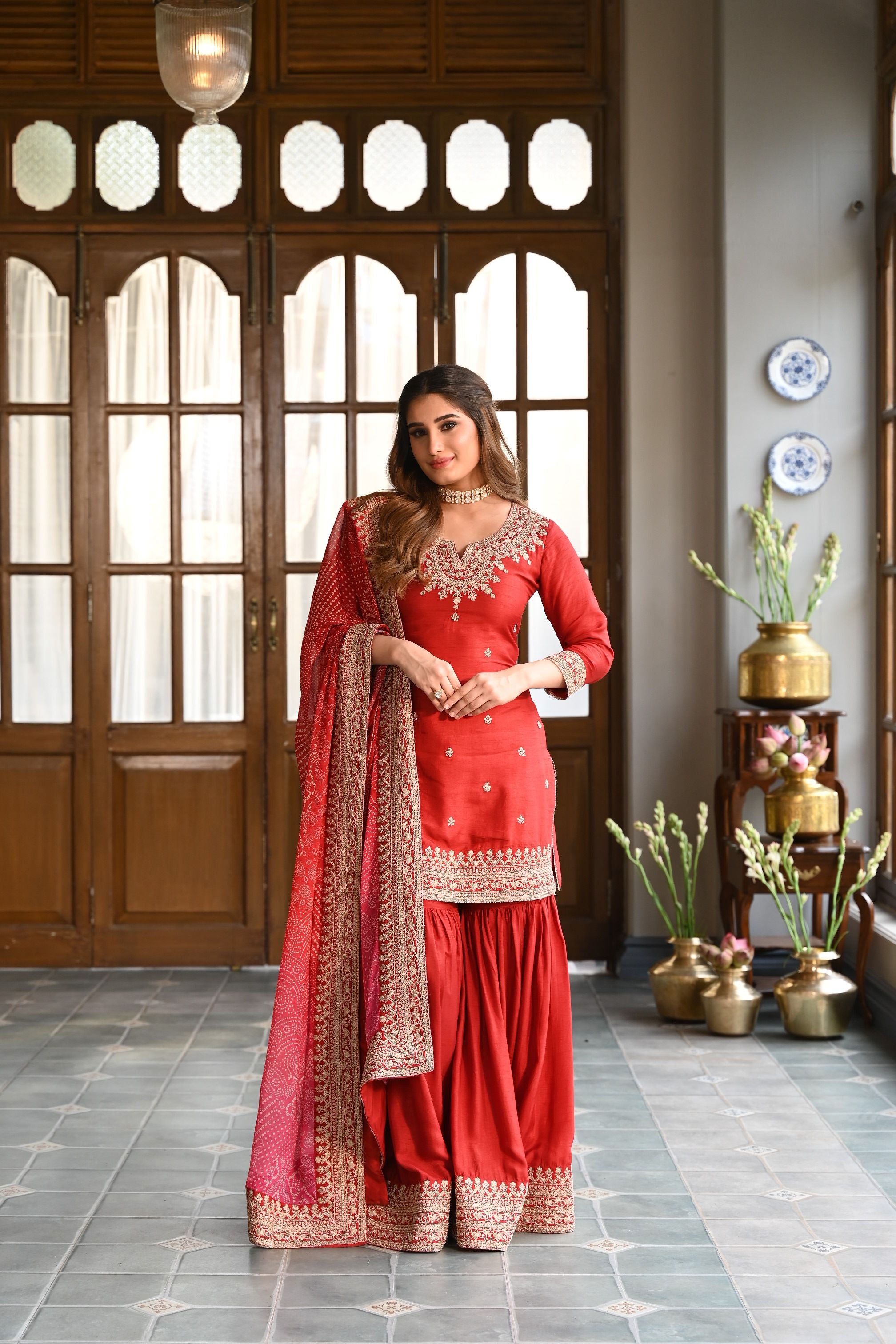 Red Embellished Pure Dola Silk Sharara Set