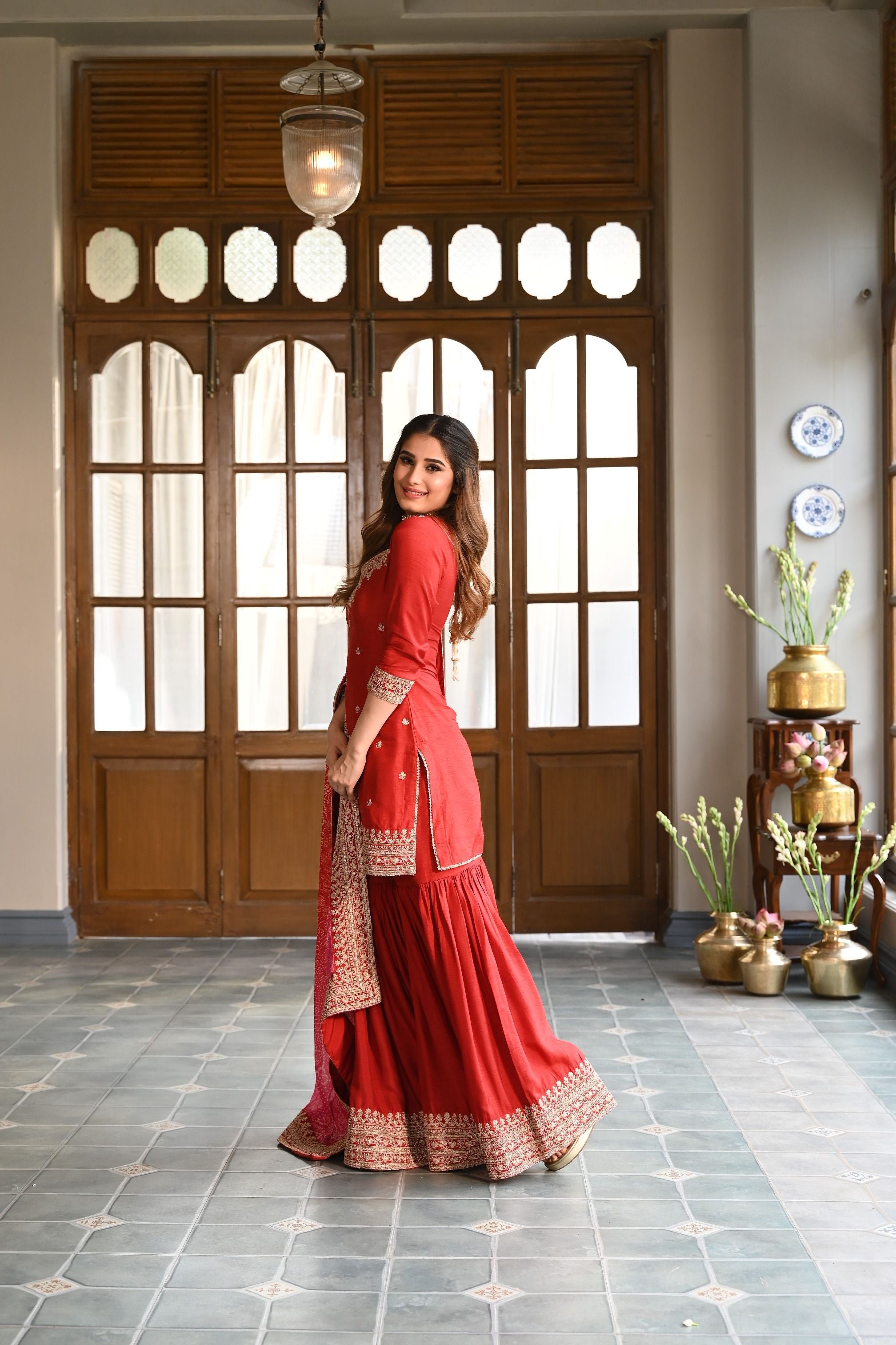 Red Embellished Pure Dola Silk Sharara Set