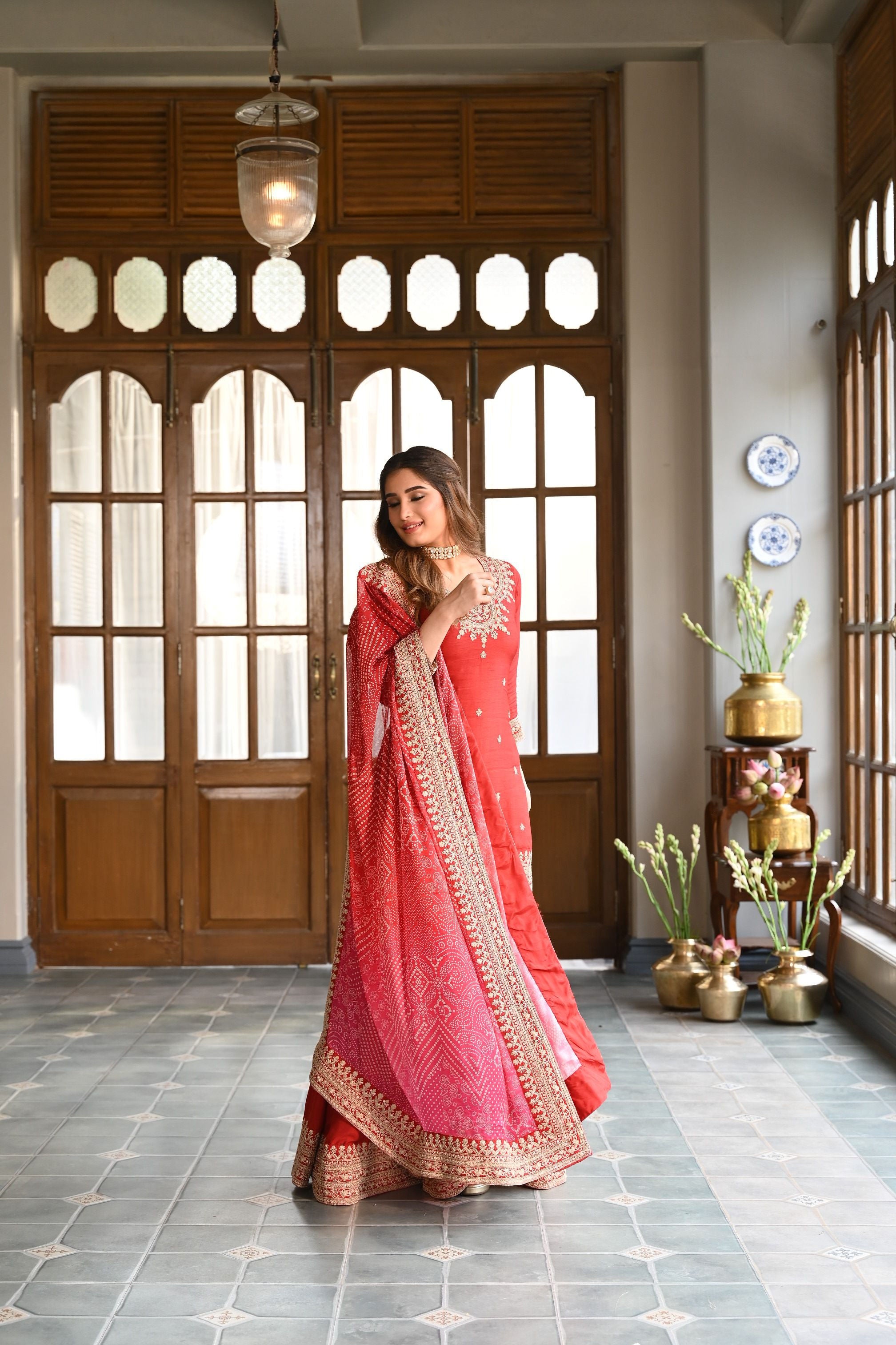 Red Embellished Pure Dola Silk Sharara Set