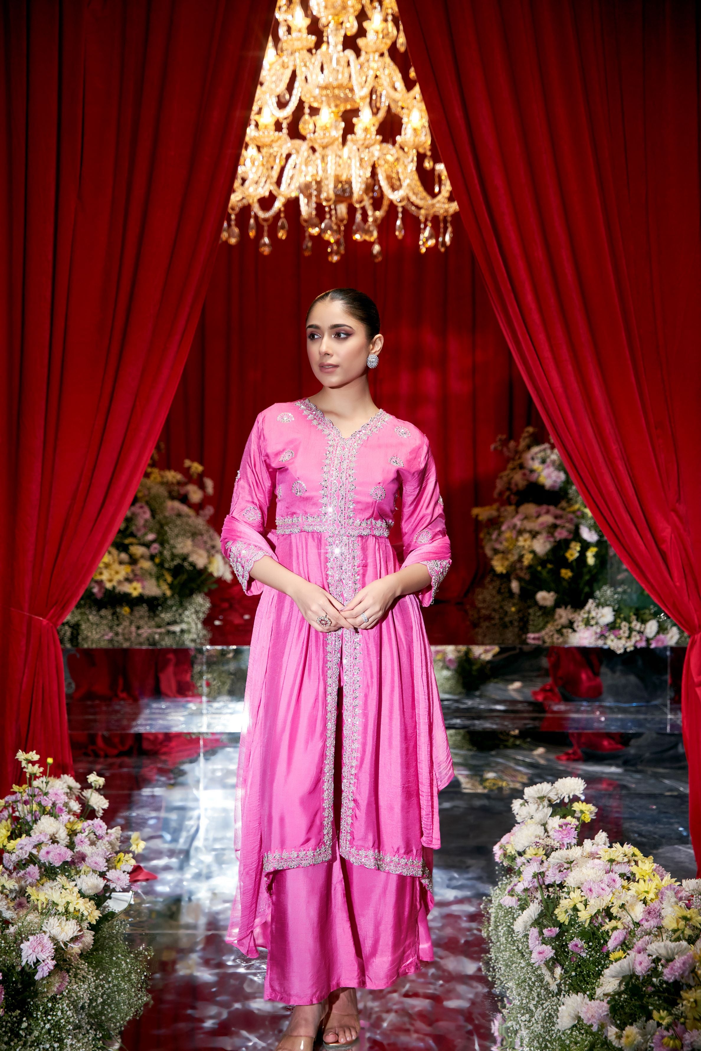 Pink Embellished Raw Silk Anarkali Set