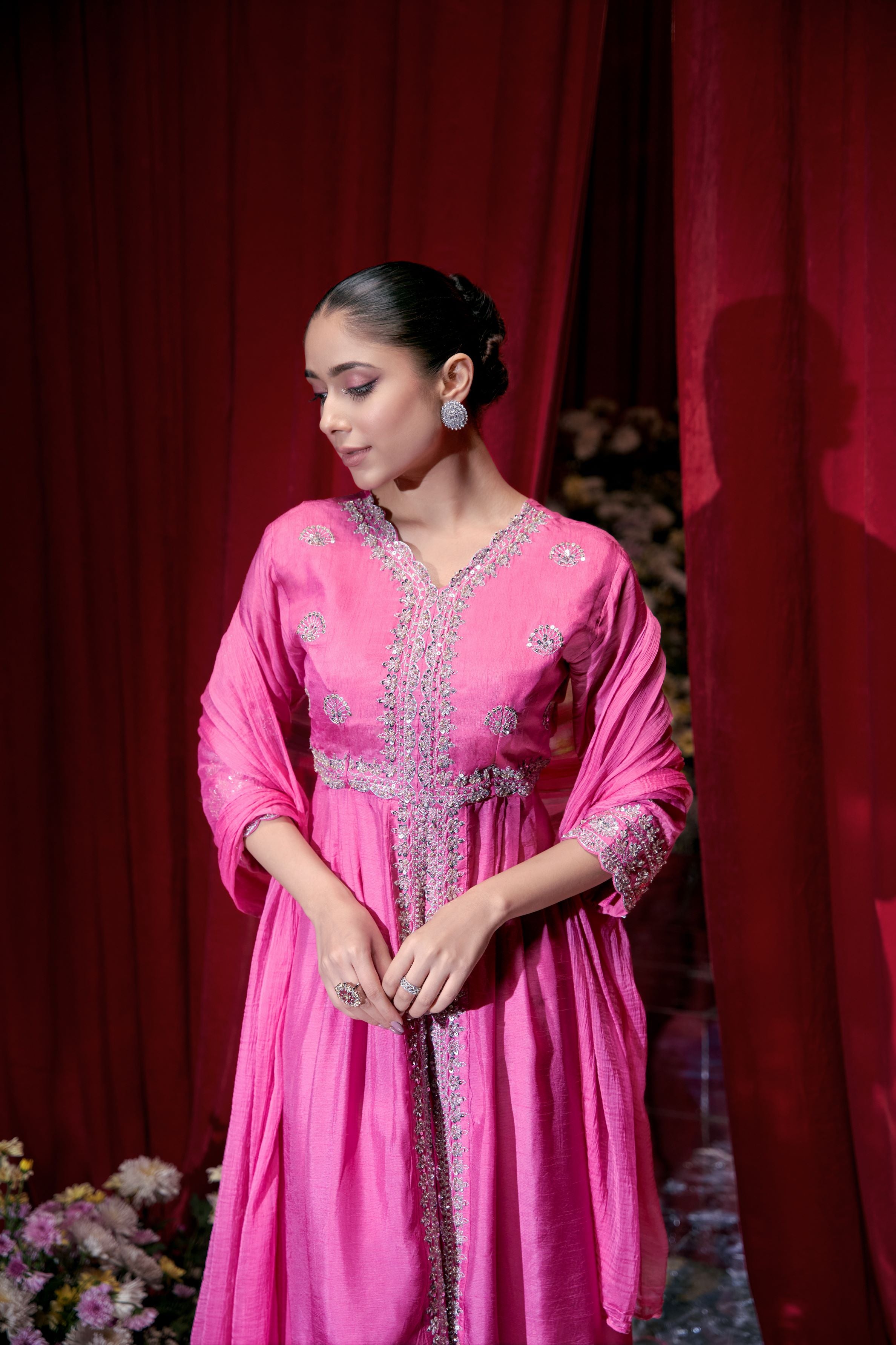 Pink Embellished Raw Silk Anarkali Set