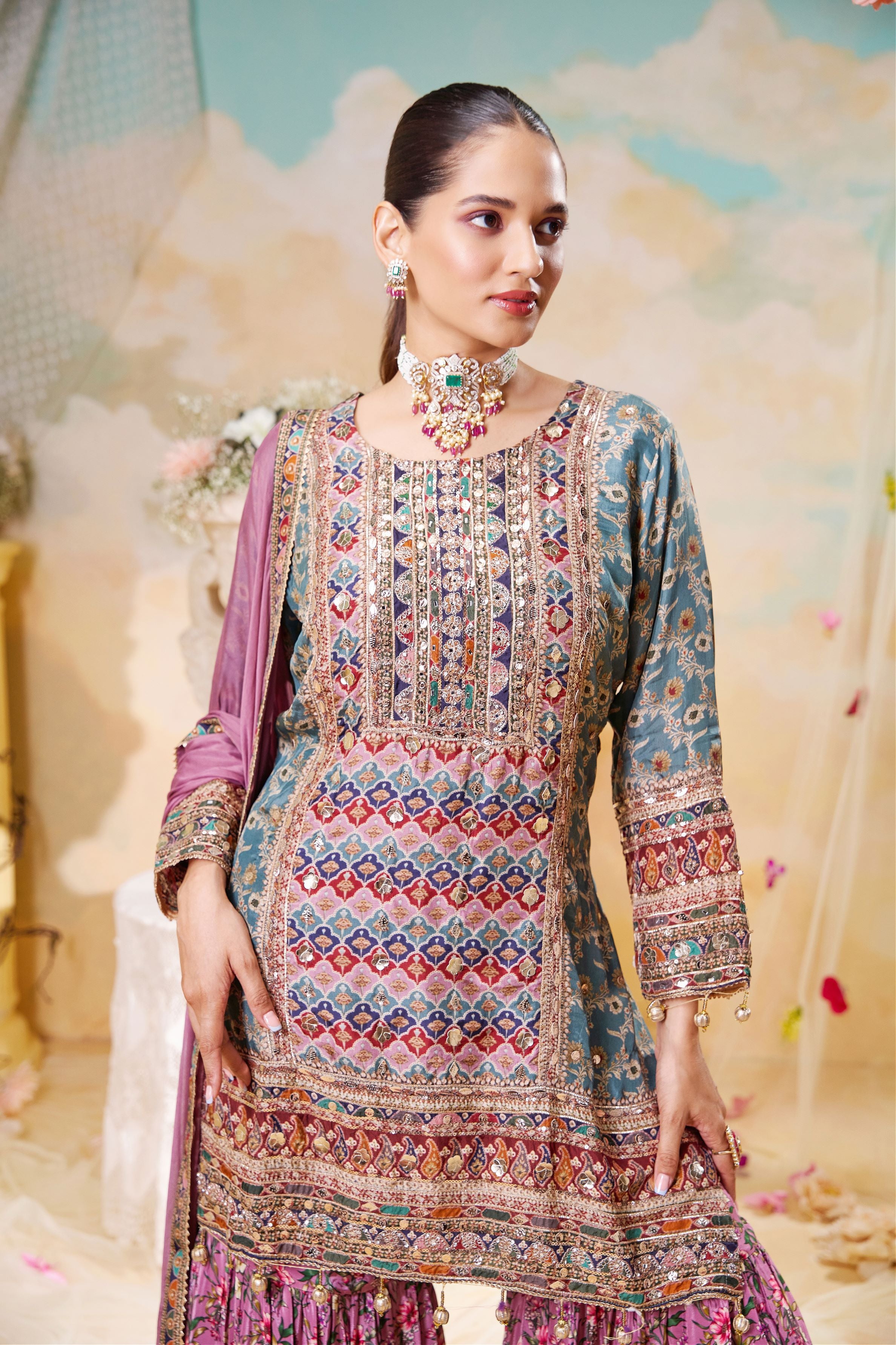 Dusty Mauve Traditional Printed Sharara Set