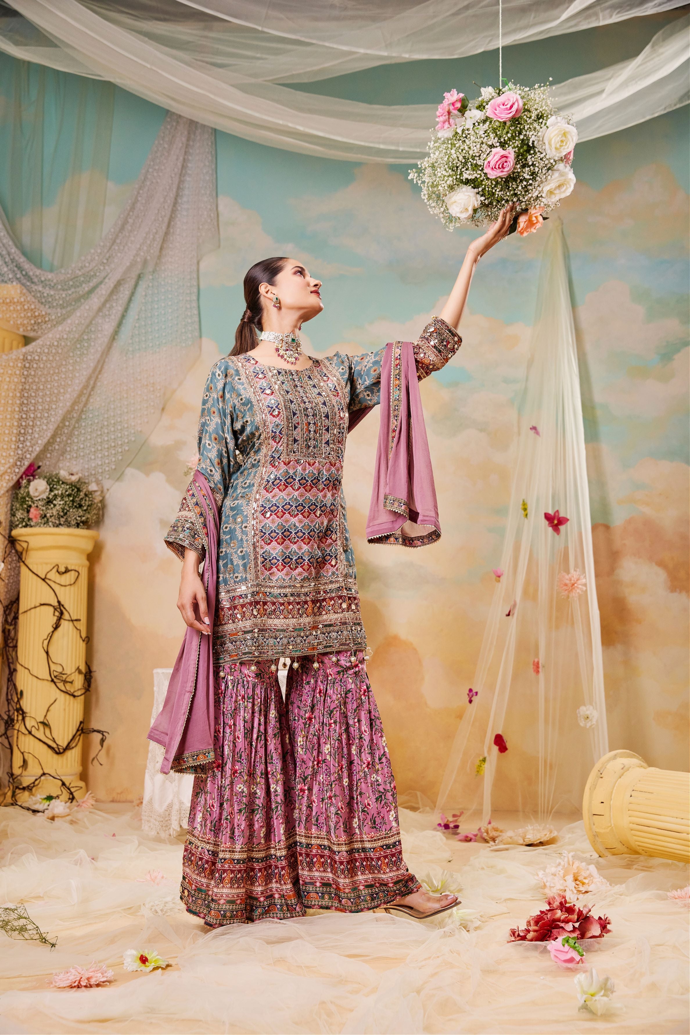 Dusty Mauve Traditional Printed Sharara Set