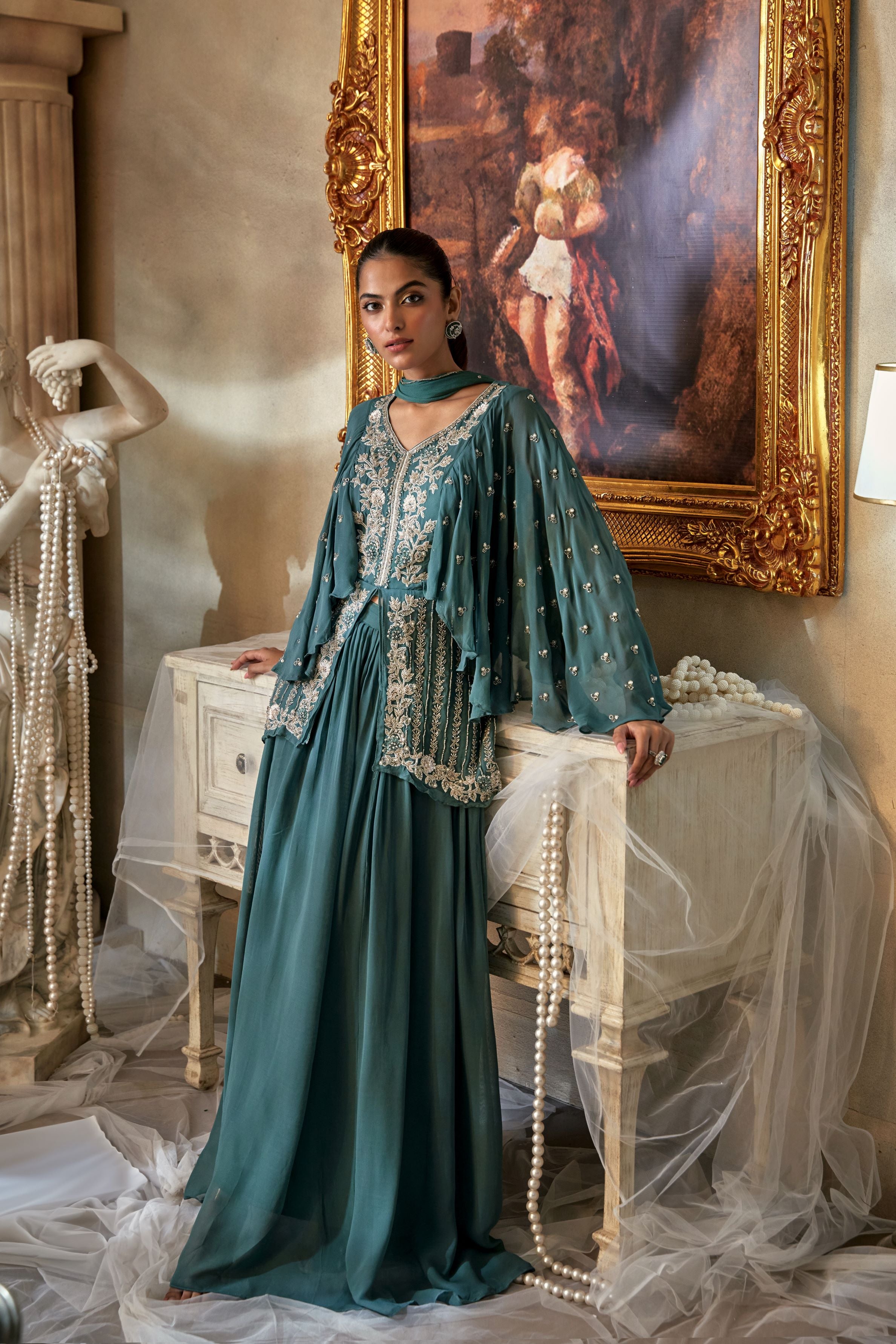 Teal Green Embellished Georgette Silk Skirt Set