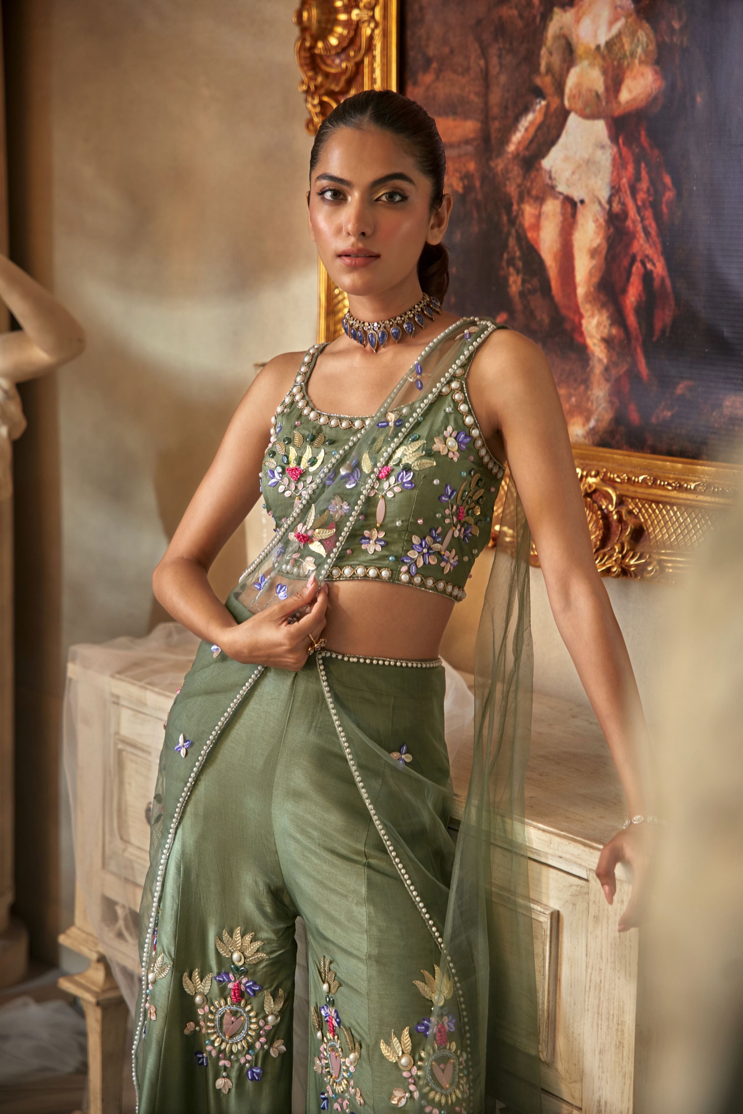 Olive Embellished Crop Top & Palazzo With Drape