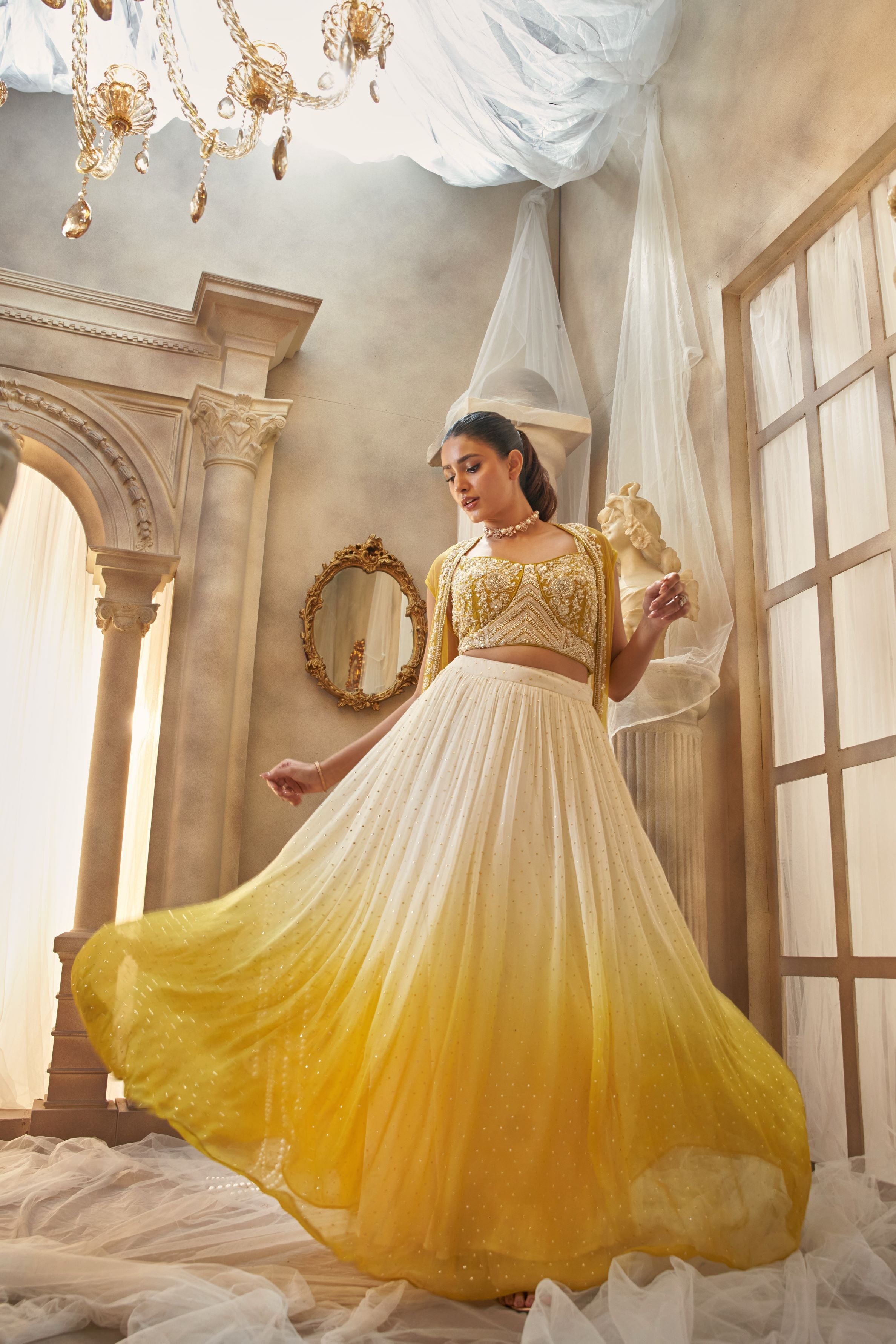 Yellow Ombre-Dyed Georgette Silk Cape Set