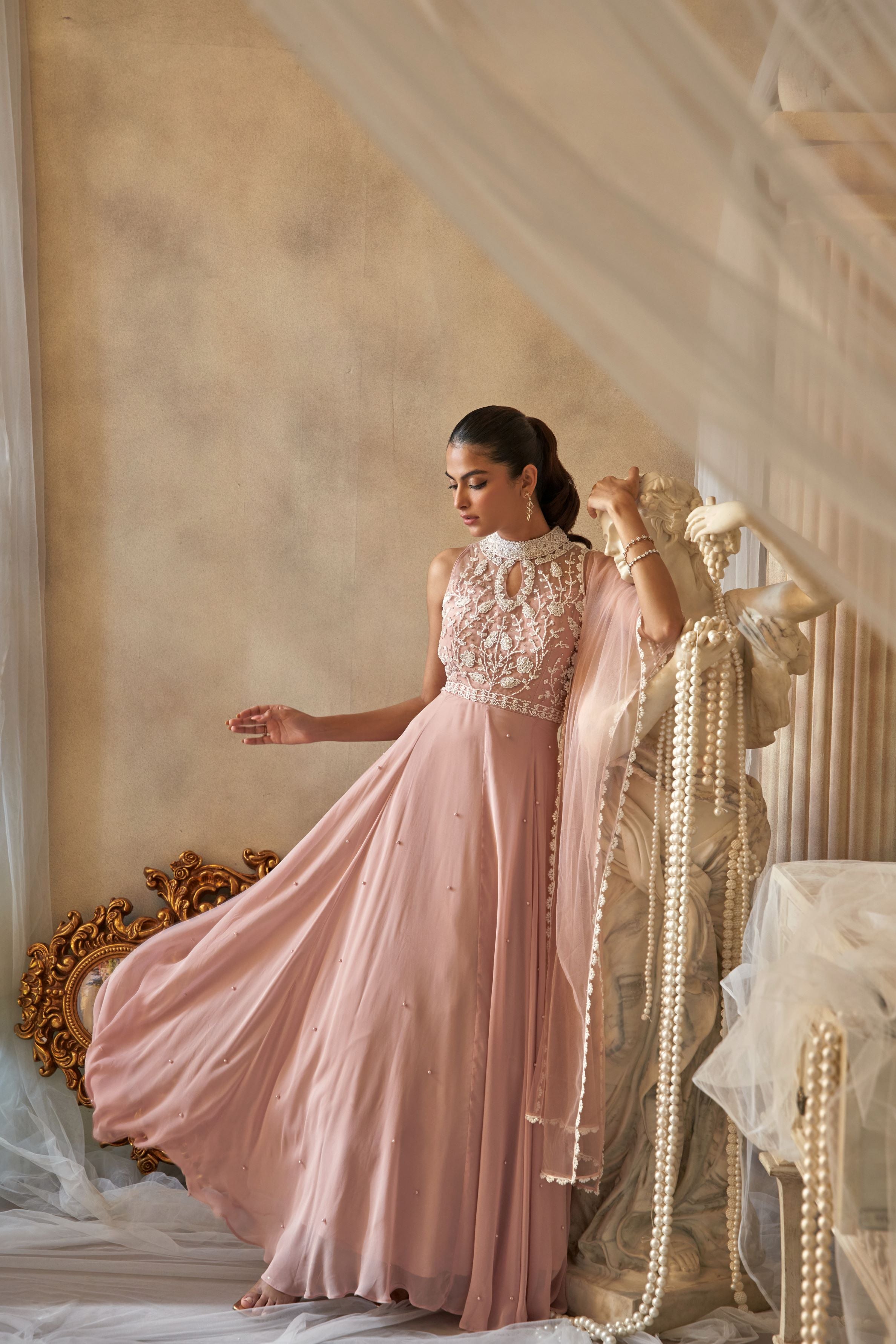 Blush Pink Embroidered Georgette Silk Anarkali Set