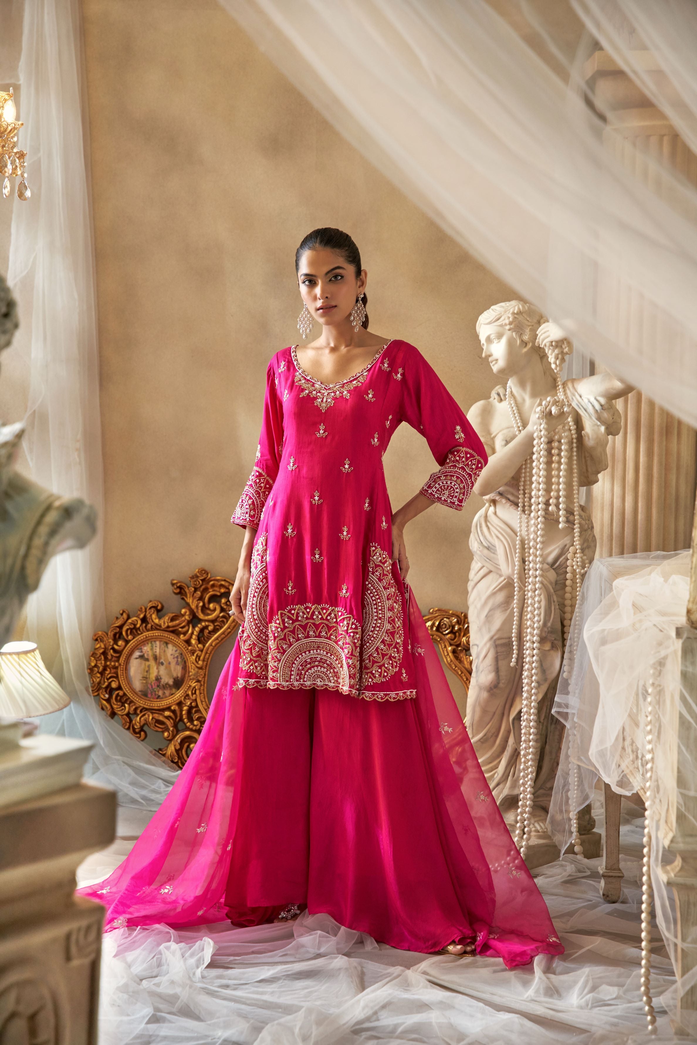 Rani Pink Embroidered Raw Silk Palazzo Set