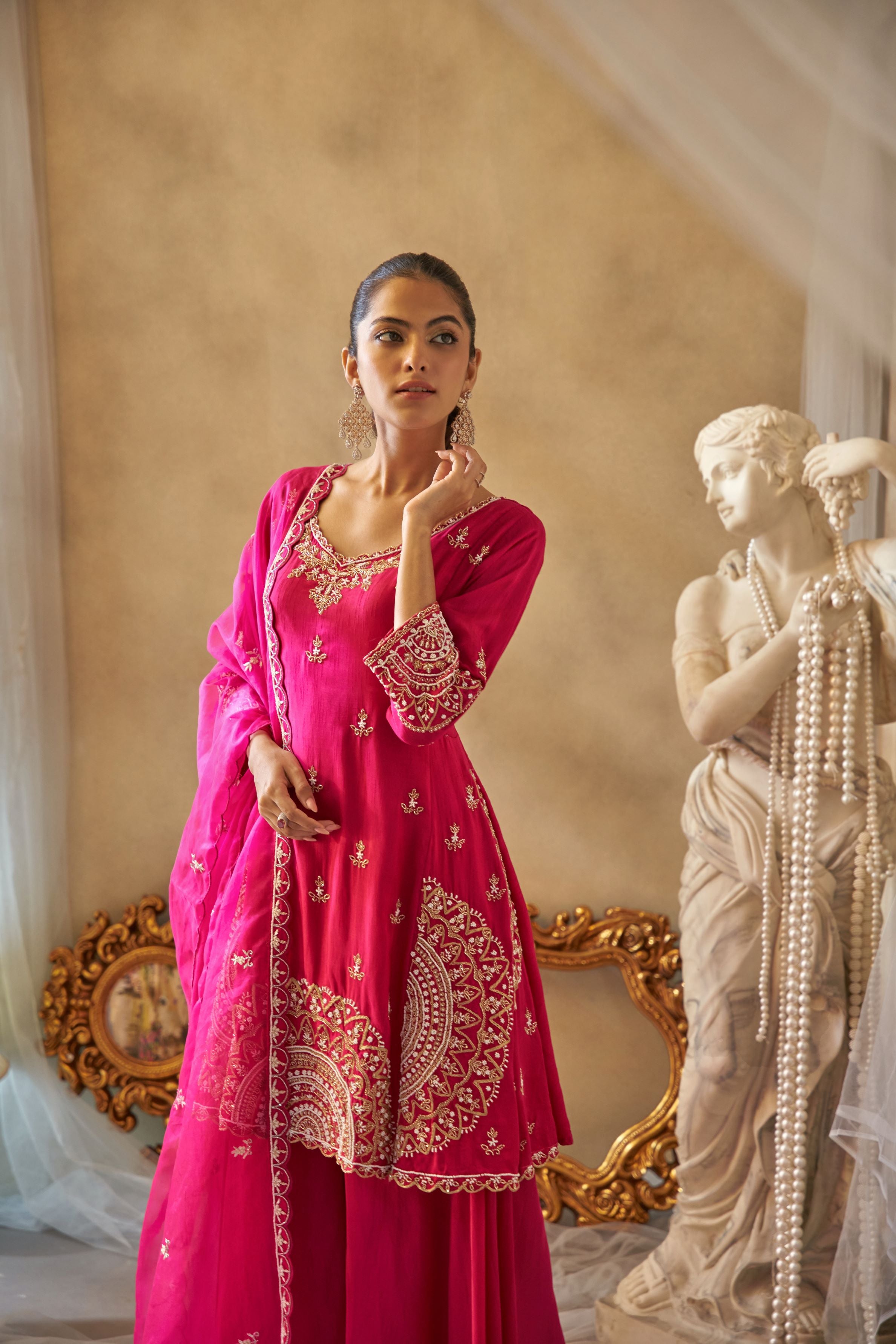 Rani Pink Embroidered Raw Silk Palazzo Set