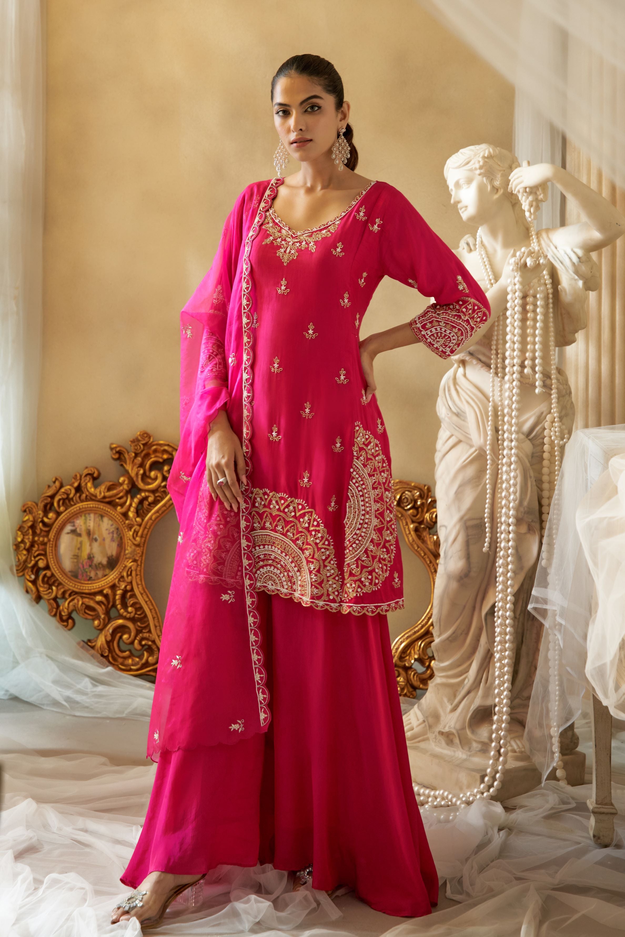 Rani Pink Embroidered Raw Silk Palazzo Set