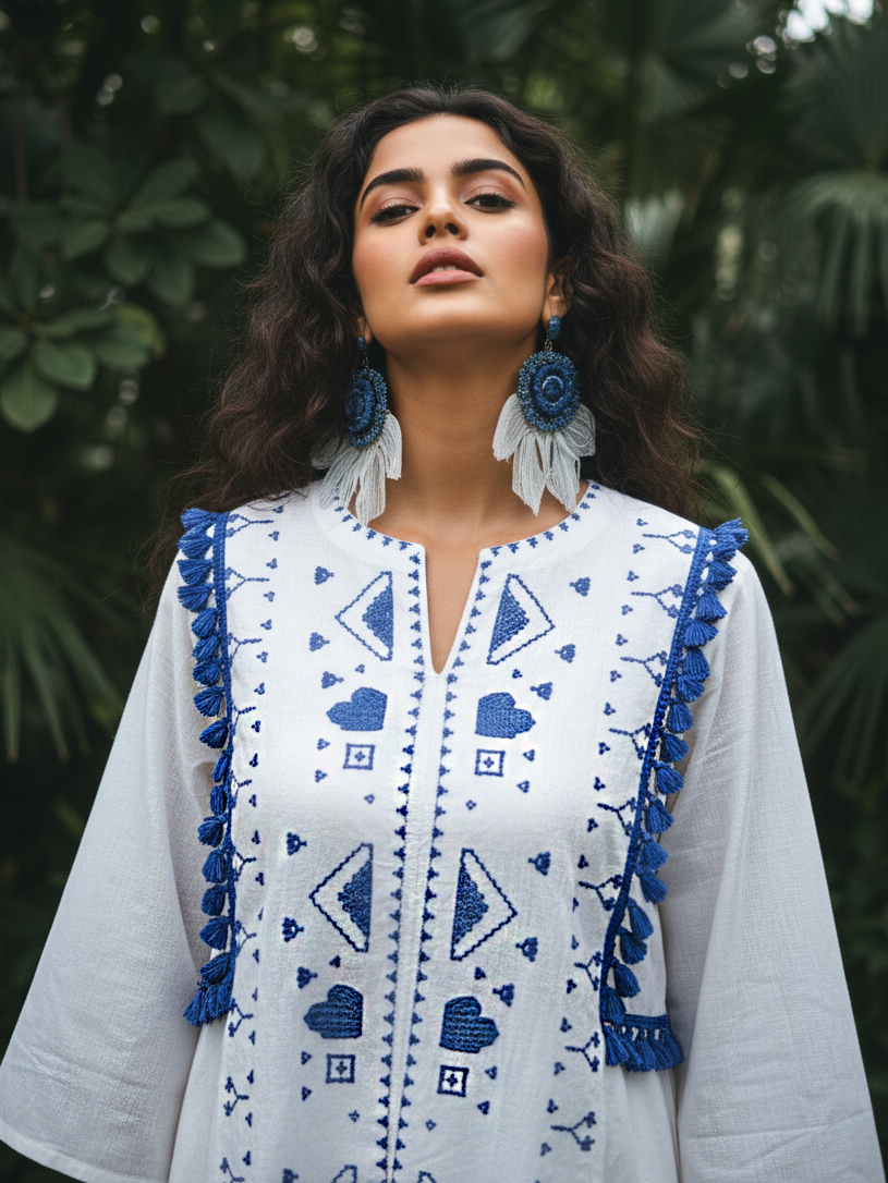 White & Blue Geometric Embroidered Cotton Co-Ord  Set