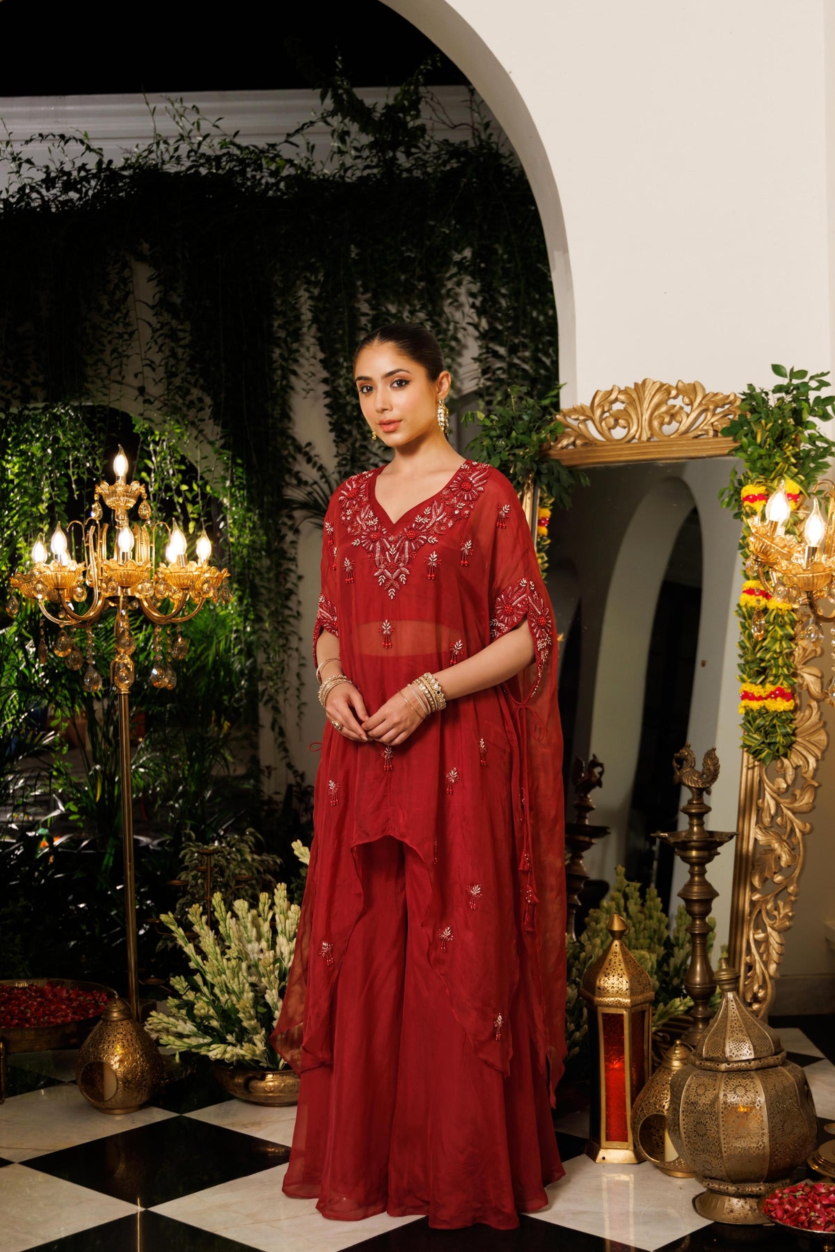 Deep Red Embellished Tissue Silk Kaftan Set